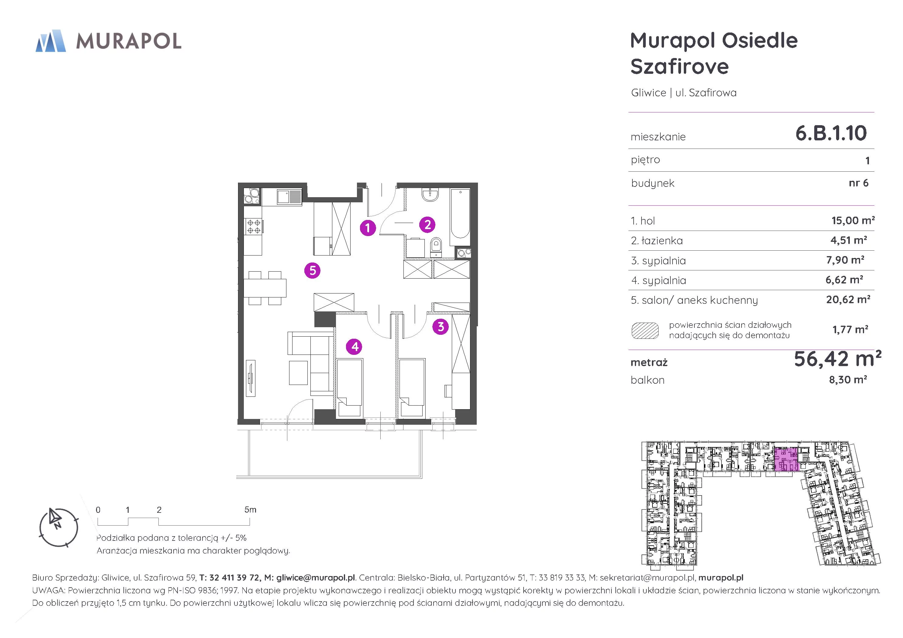 3 pokoje, mieszkanie 56,42 m², piętro 1, oferta nr 6.B.1.10, Murapol Osiedle Szafirove, Gliwice, Stare Gliwice, ul. Szafirowa