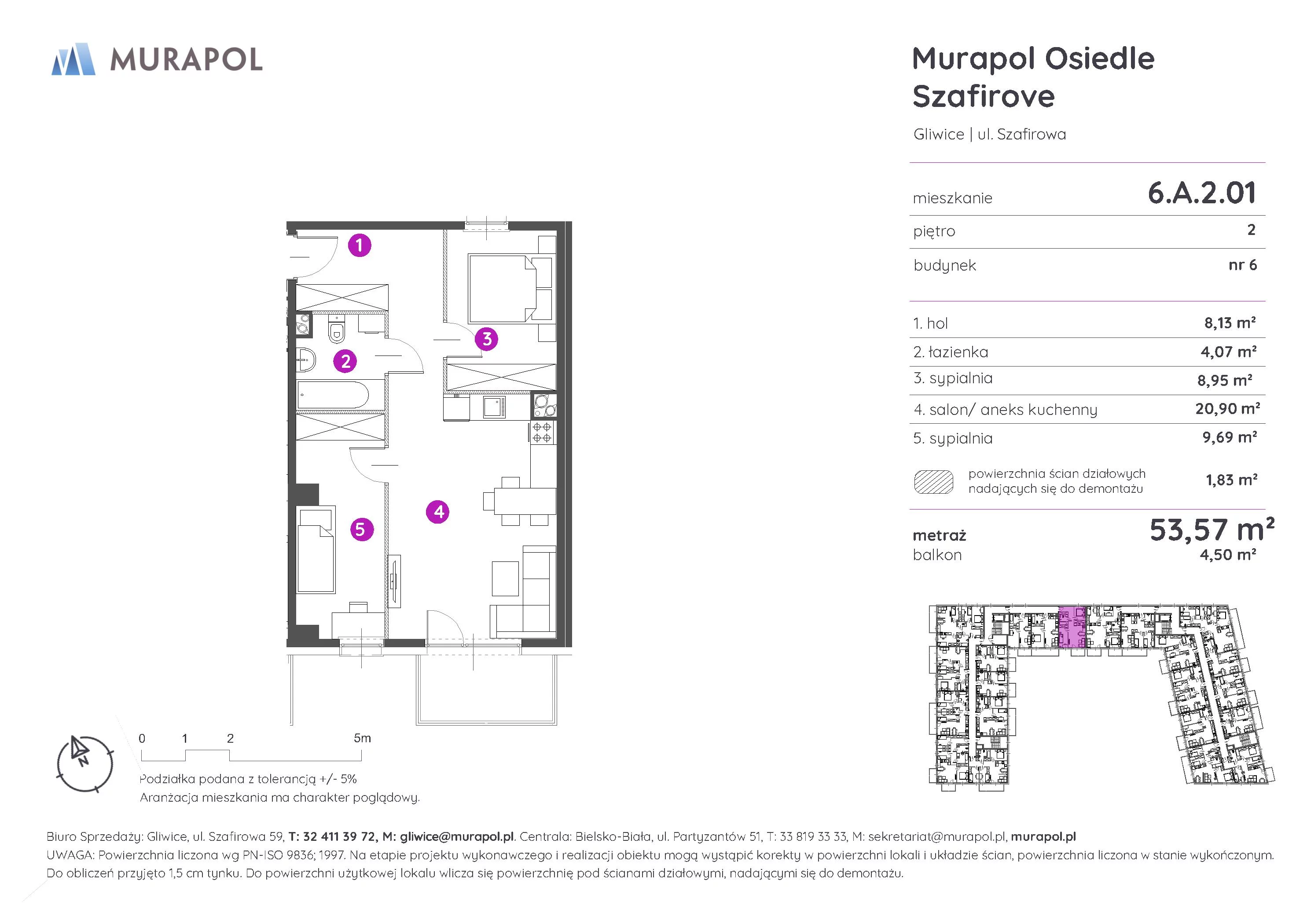 3 pokoje, mieszkanie 53,57 m², piętro 2, oferta nr 6.A.2.01, Murapol Osiedle Szafirove, Gliwice, Stare Gliwice, ul. Szafirowa