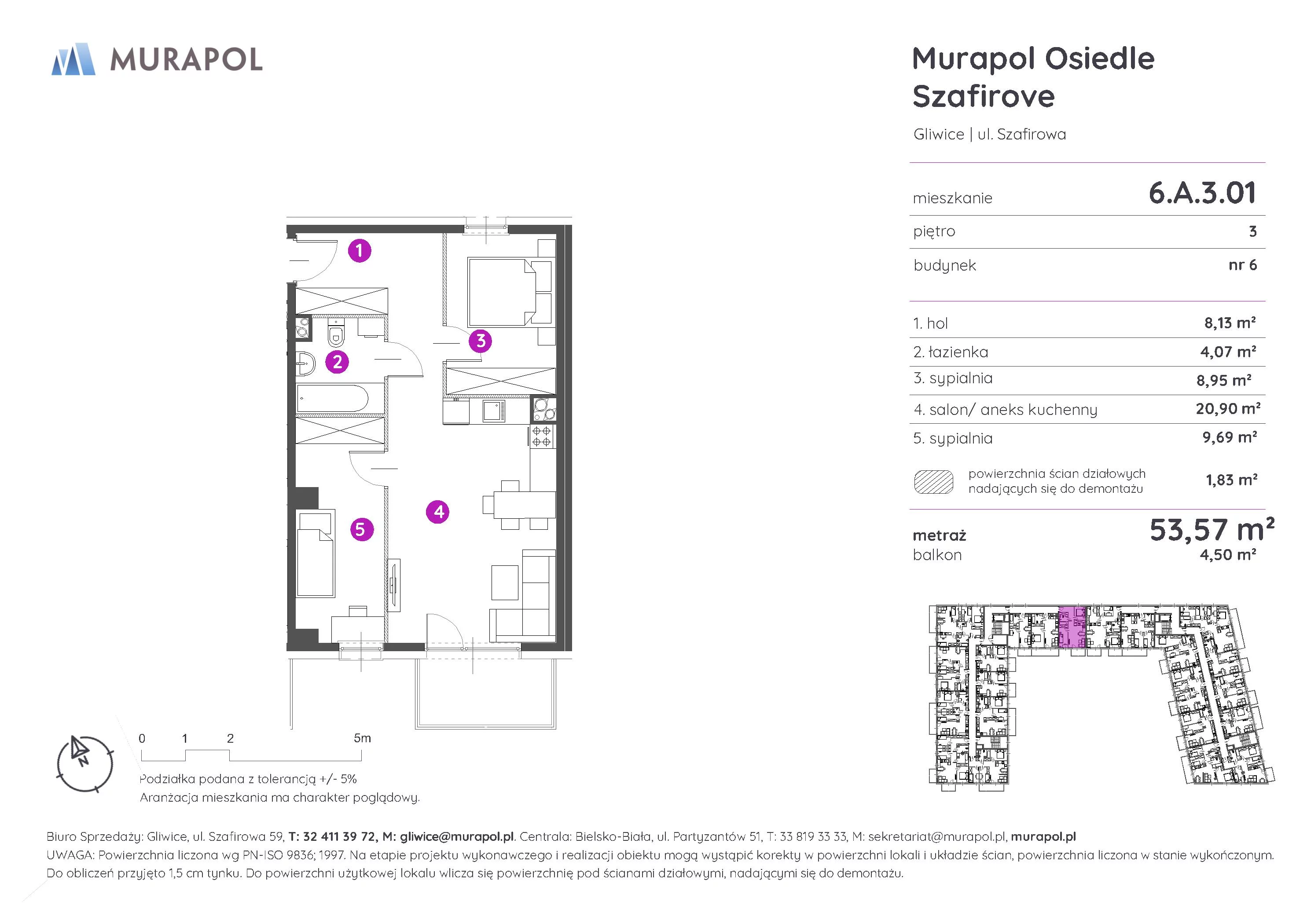 3 pokoje, mieszkanie 53,57 m², piętro 3, oferta nr 6.A.3.01, Murapol Osiedle Szafirove, Gliwice, Stare Gliwice, ul. Szafirowa