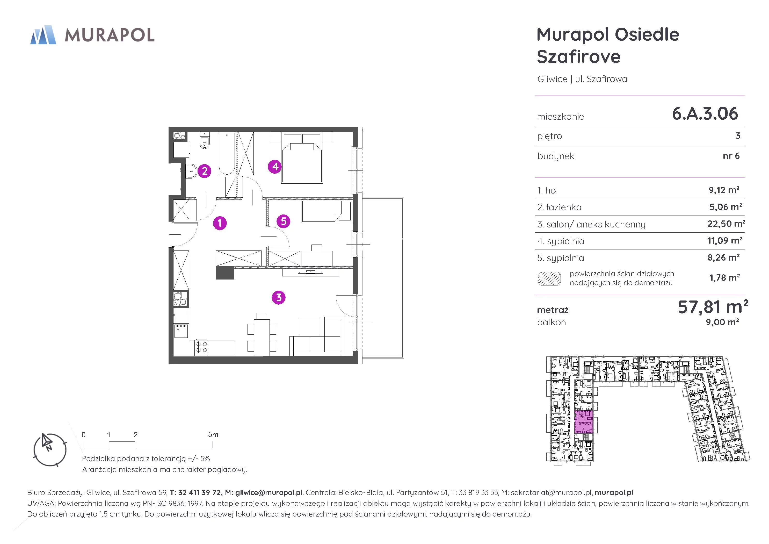 3 pokoje, mieszkanie 57,81 m², piętro 3, oferta nr 6.A.3.06, Murapol Osiedle Szafirove, Gliwice, Stare Gliwice, ul. Szafirowa