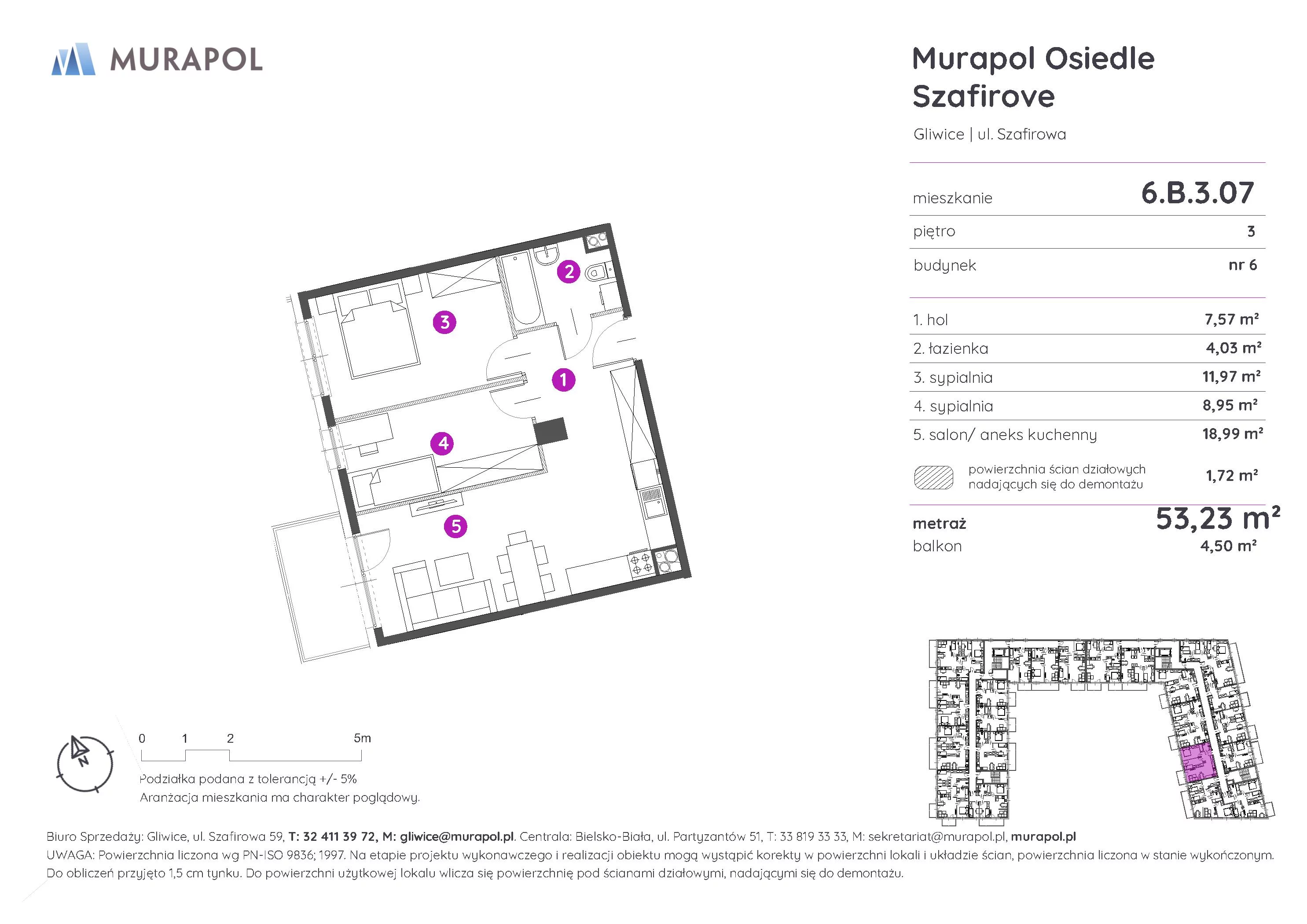 3 pokoje, mieszkanie 53,23 m², piętro 3, oferta nr 6.B.3.07, Murapol Osiedle Szafirove, Gliwice, Stare Gliwice, ul. Szafirowa