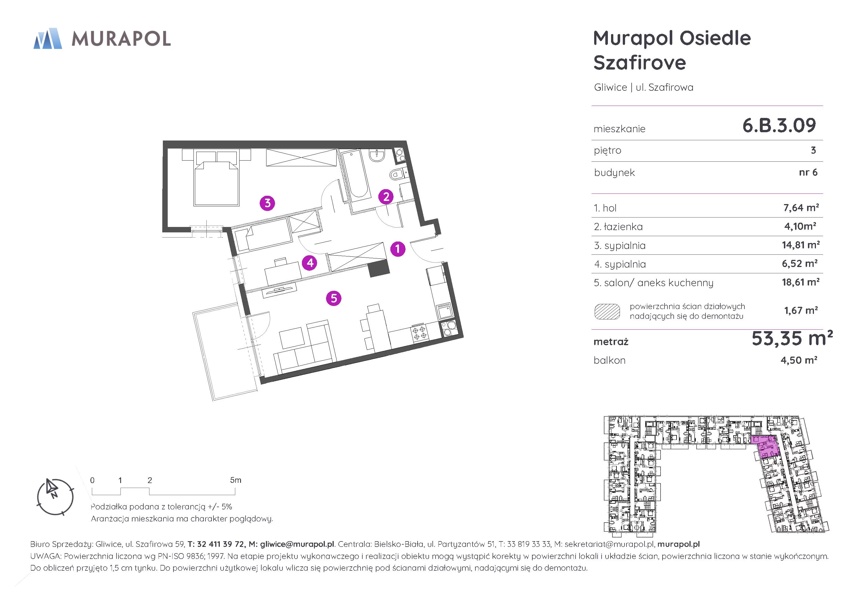 3 pokoje, mieszkanie 53,35 m², piętro 3, oferta nr 6.B.3.09, Murapol Osiedle Szafirove, Gliwice, Stare Gliwice, ul. Szafirowa