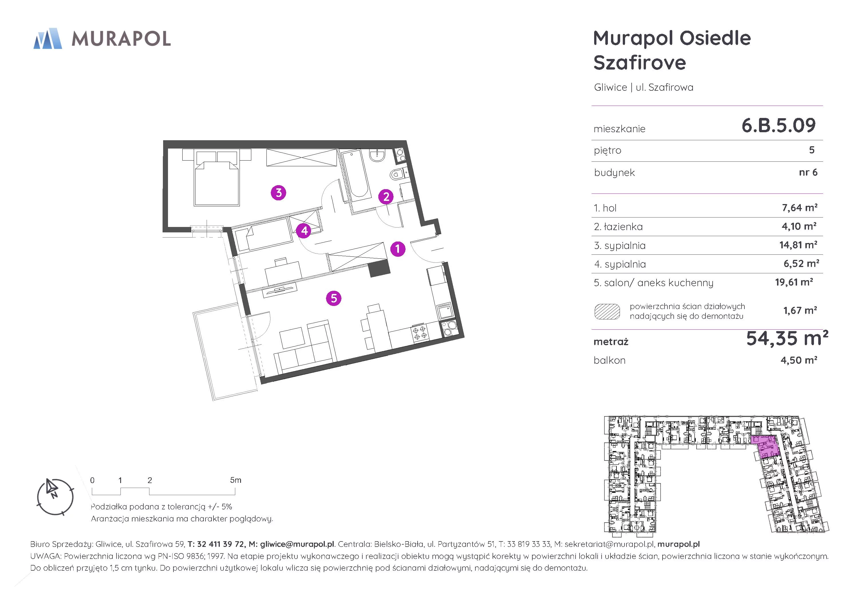 3 pokoje, mieszkanie 54,35 m², piętro 5, oferta nr 6.B.5.09, Murapol Osiedle Szafirove, Gliwice, Stare Gliwice, ul. Szafirowa