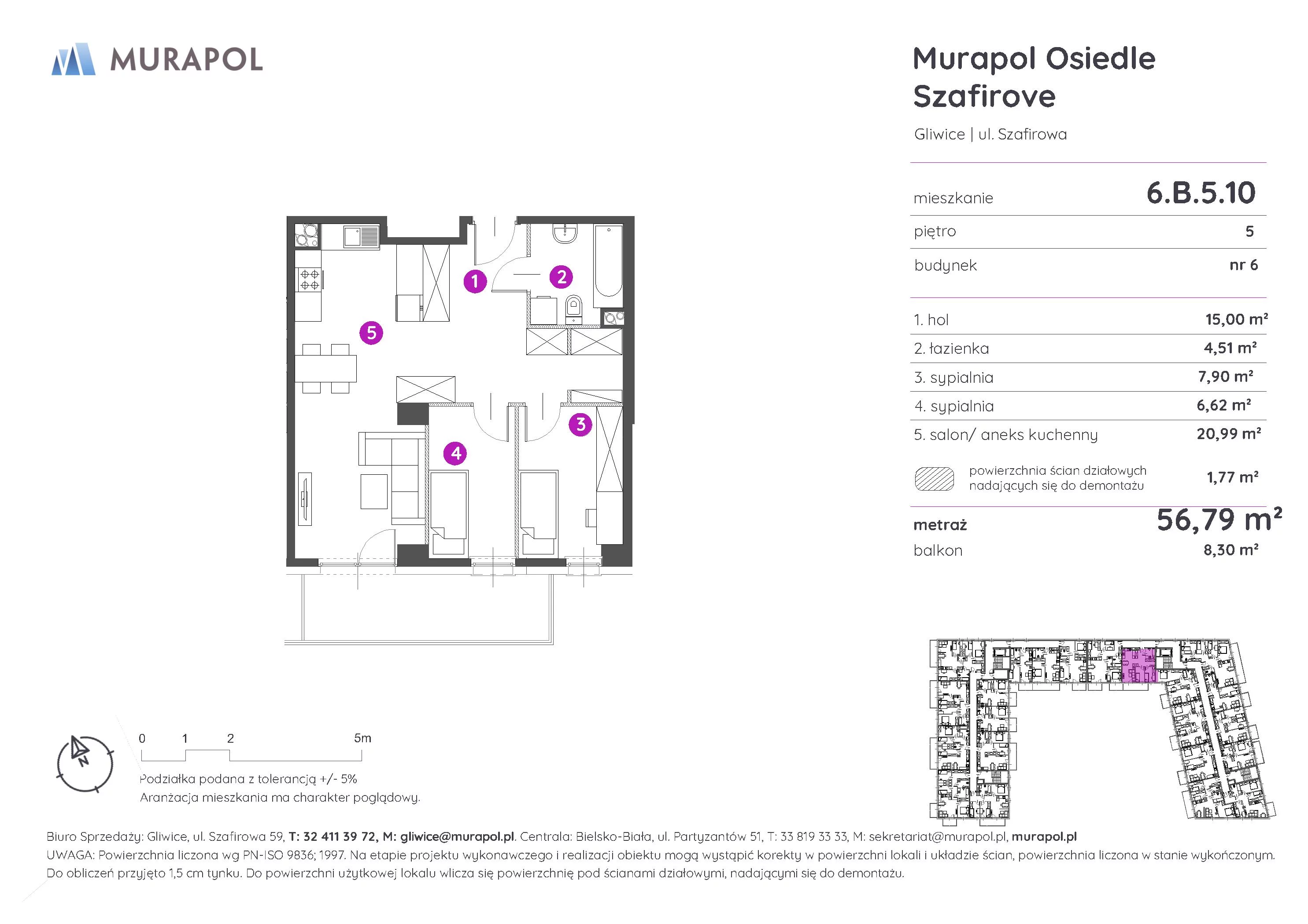 3 pokoje, mieszkanie 56,79 m², piętro 5, oferta nr 6.B.5.10, Murapol Osiedle Szafirove, Gliwice, Stare Gliwice, ul. Szafirowa