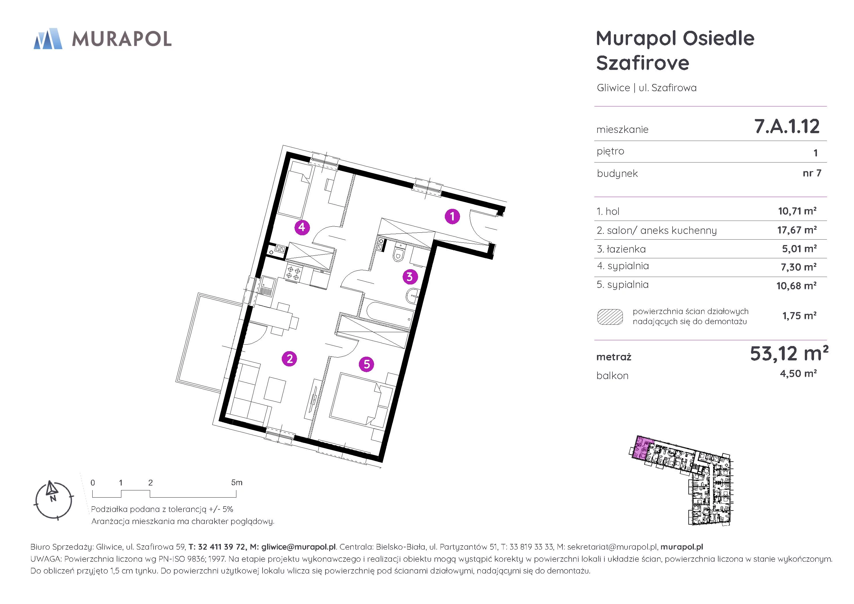 3 pokoje, mieszkanie 53,12 m², piętro 1, oferta nr 7.A.1.12, Murapol Osiedle Szafirove, Gliwice, Stare Gliwice, ul. Szafirowa