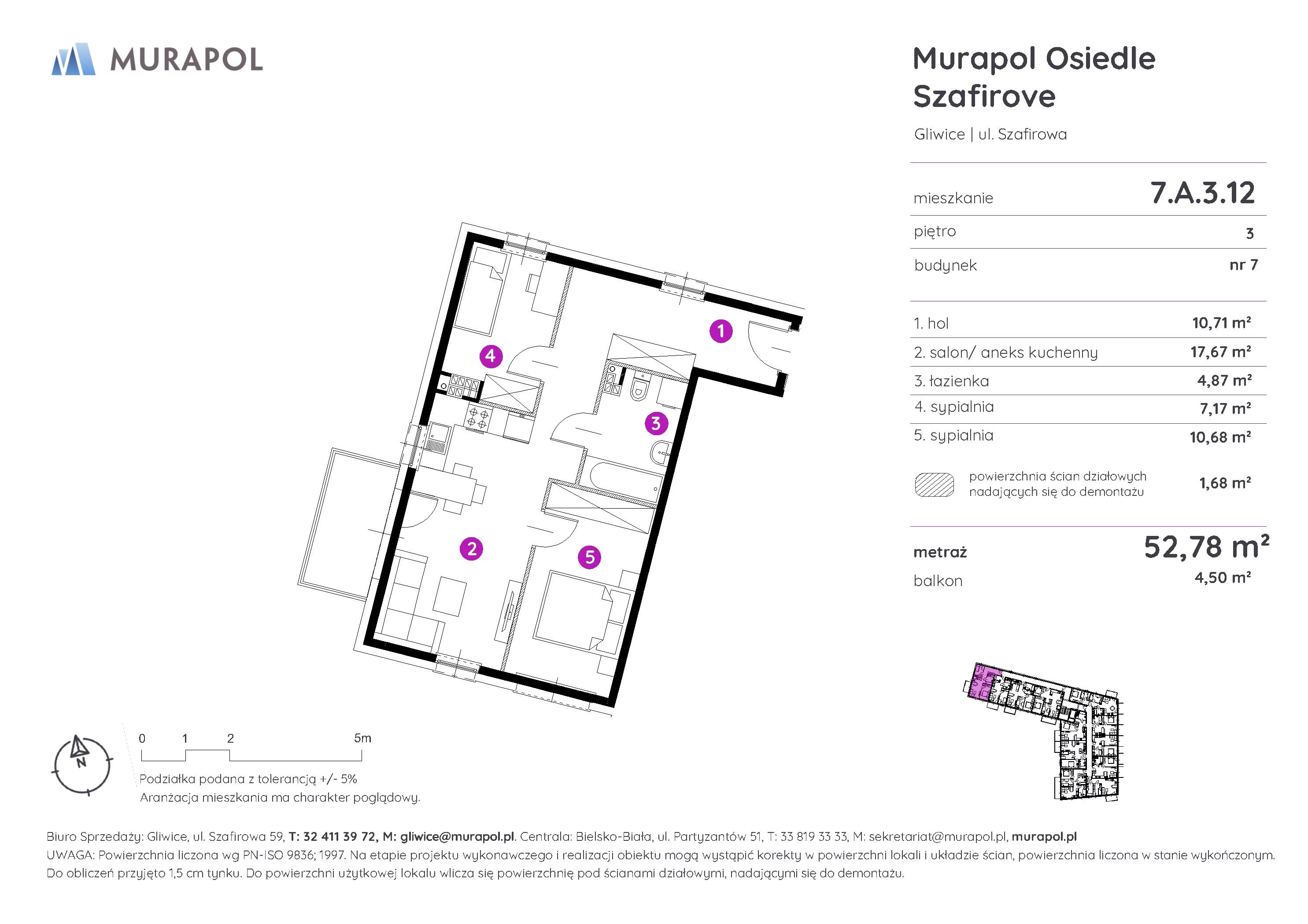 3 pokoje, mieszkanie 52,78 m², piętro 3, oferta nr 7.A.3.12, Murapol Osiedle Szafirove, Gliwice, Stare Gliwice, ul. Szafirowa