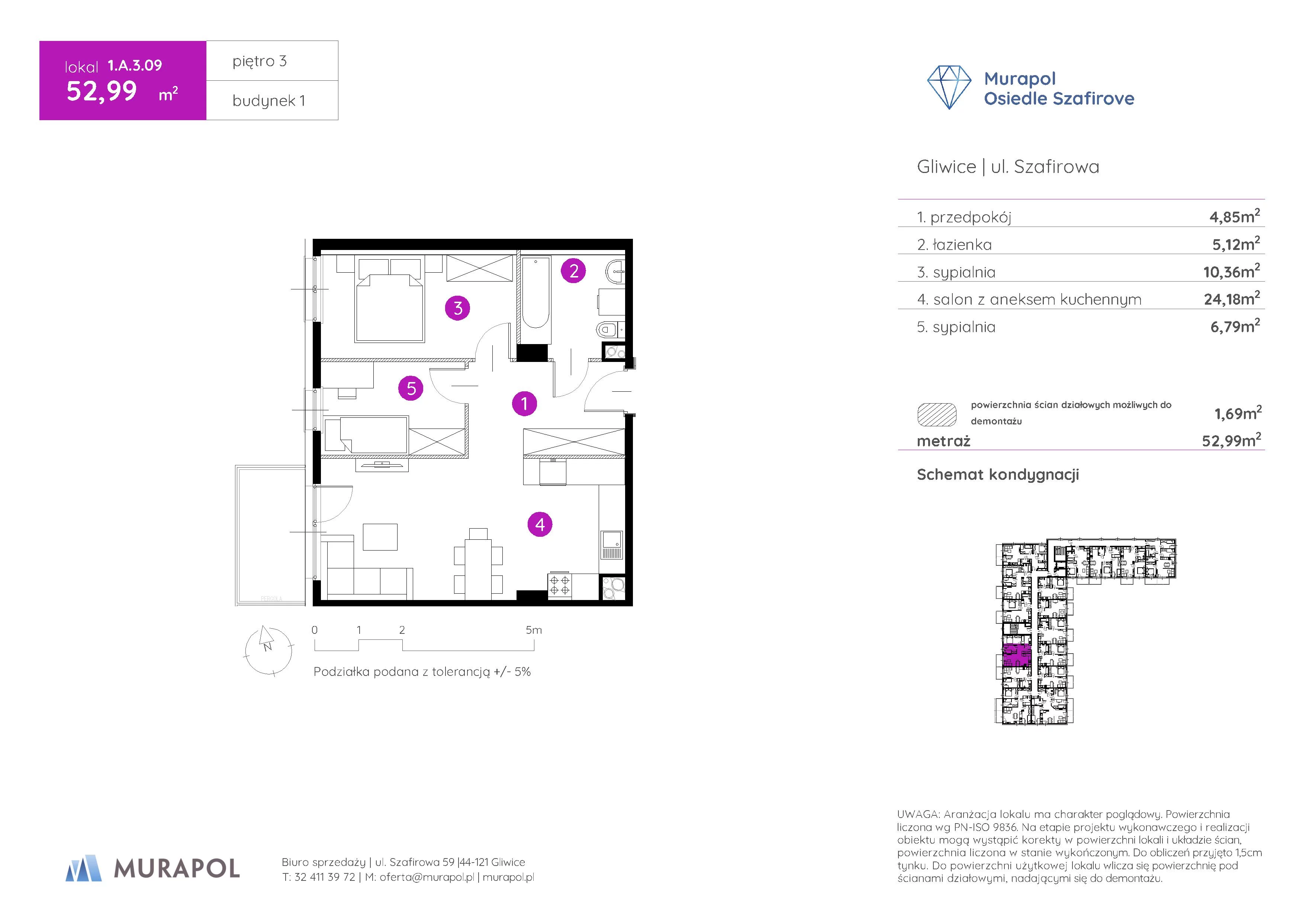 3 pokoje, mieszkanie 52,99 m², piętro 3, oferta nr 1.A.3.09, Murapol Osiedle Szafirove, Gliwice, Stare Gliwice, ul. Szafirowa