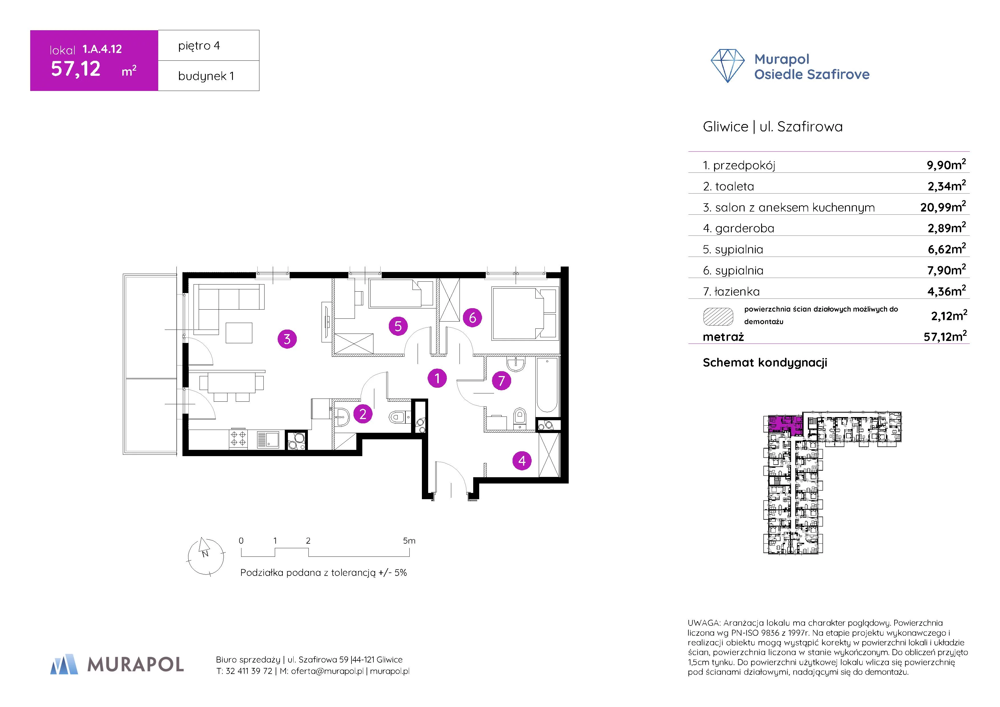 3 pokoje, mieszkanie 57,12 m², piętro 4, oferta nr 1.A.4.12, Murapol Osiedle Szafirove, Gliwice, Stare Gliwice, ul. Szafirowa