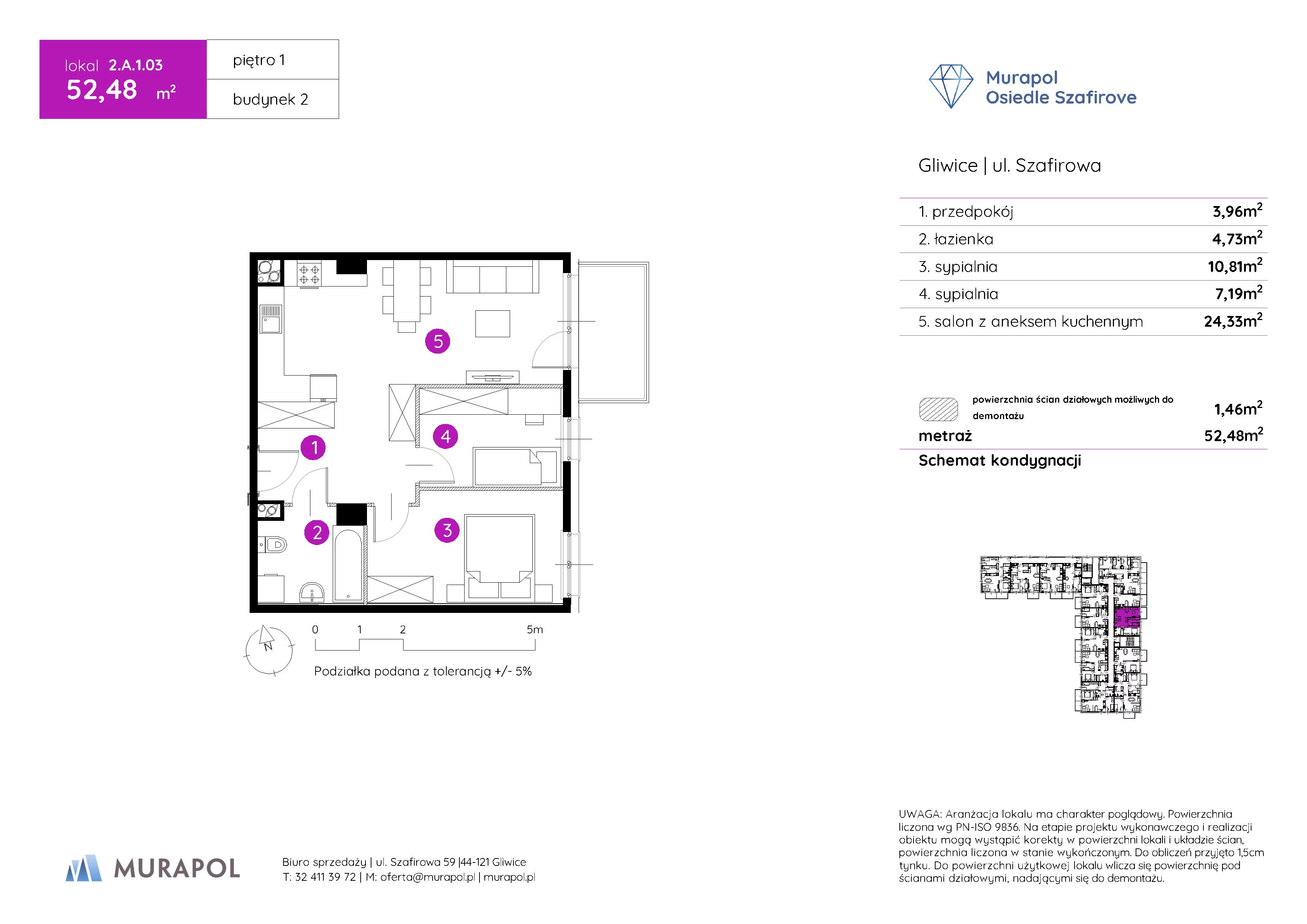 3 pokoje, mieszkanie 52,48 m², piętro 1, oferta nr 2.A.1.03, Murapol Osiedle Szafirove, Gliwice, Stare Gliwice, ul. Szafirowa