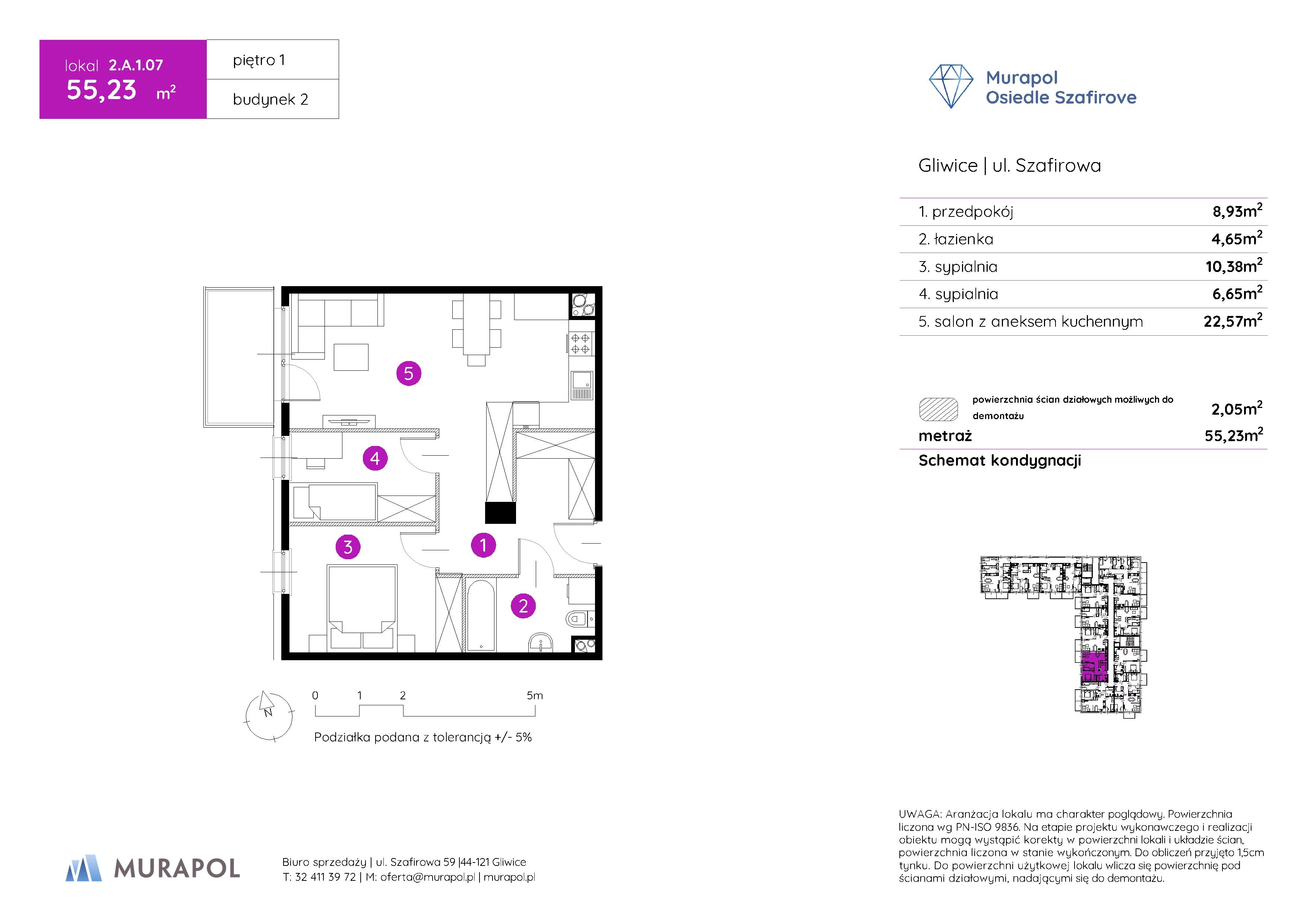 3 pokoje, mieszkanie 55,23 m², piętro 1, oferta nr 2.A.1.07, Murapol Osiedle Szafirove, Gliwice, Stare Gliwice, ul. Szafirowa
