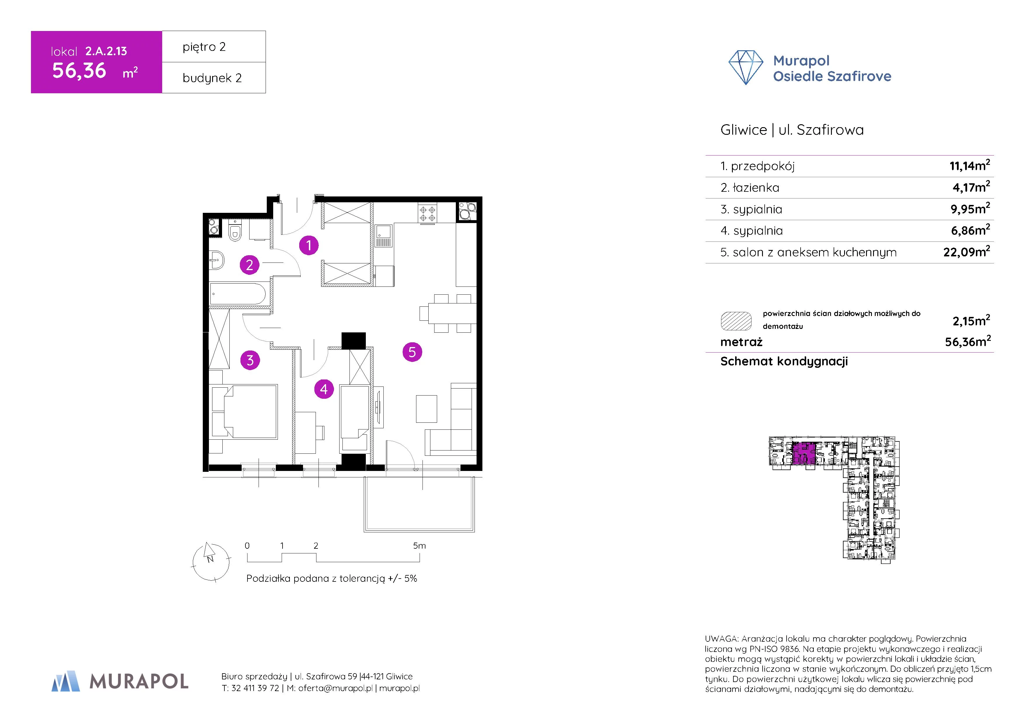 3 pokoje, mieszkanie 56,36 m², piętro 2, oferta nr 2.A.2.13, Murapol Osiedle Szafirove, Gliwice, Stare Gliwice, ul. Szafirowa