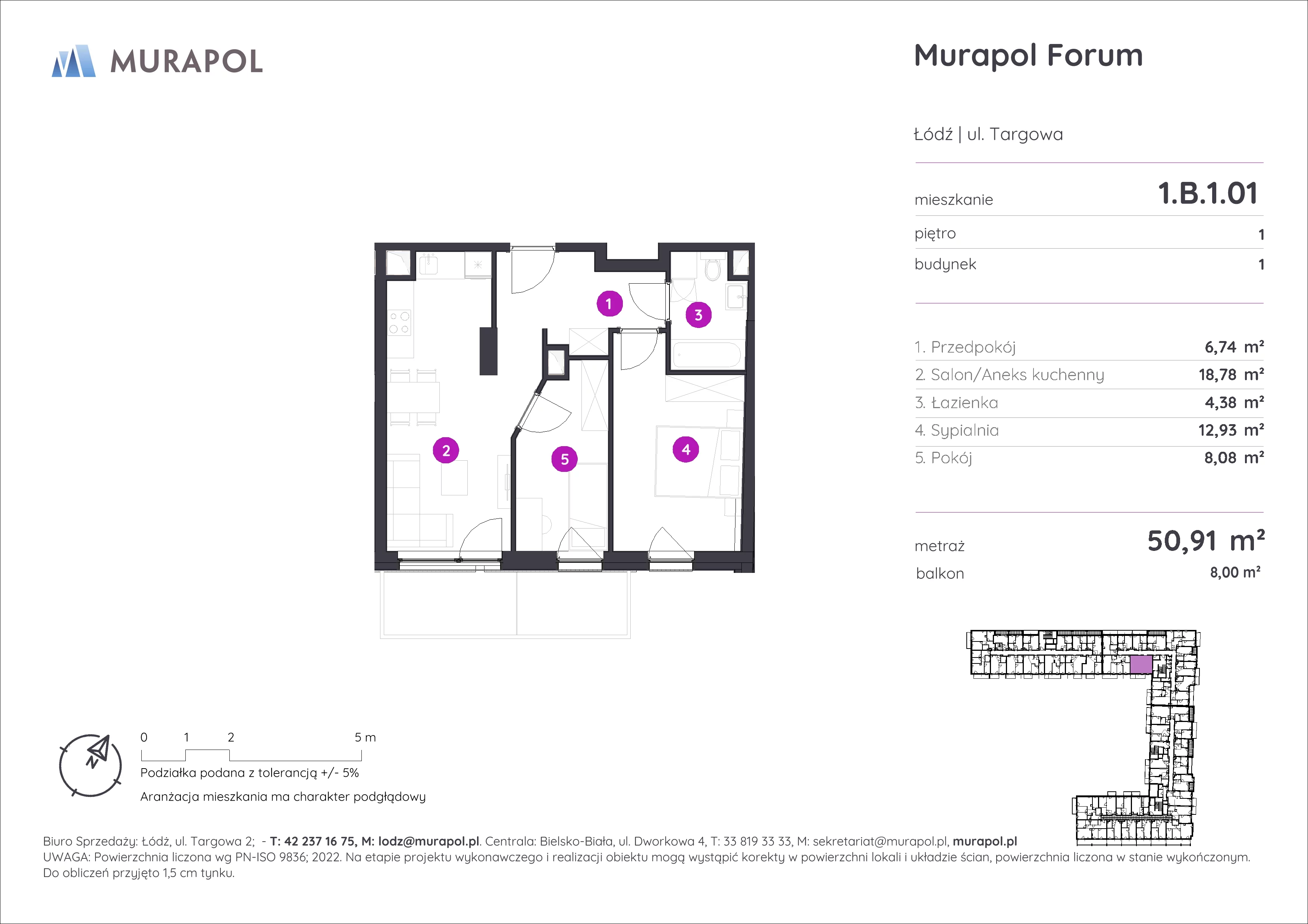 3 pokoje, mieszkanie 50,91 m², piętro 1, oferta nr 1.B.1.01, Murapol Forum, Łódź, Śródmieście, ul. Targowa