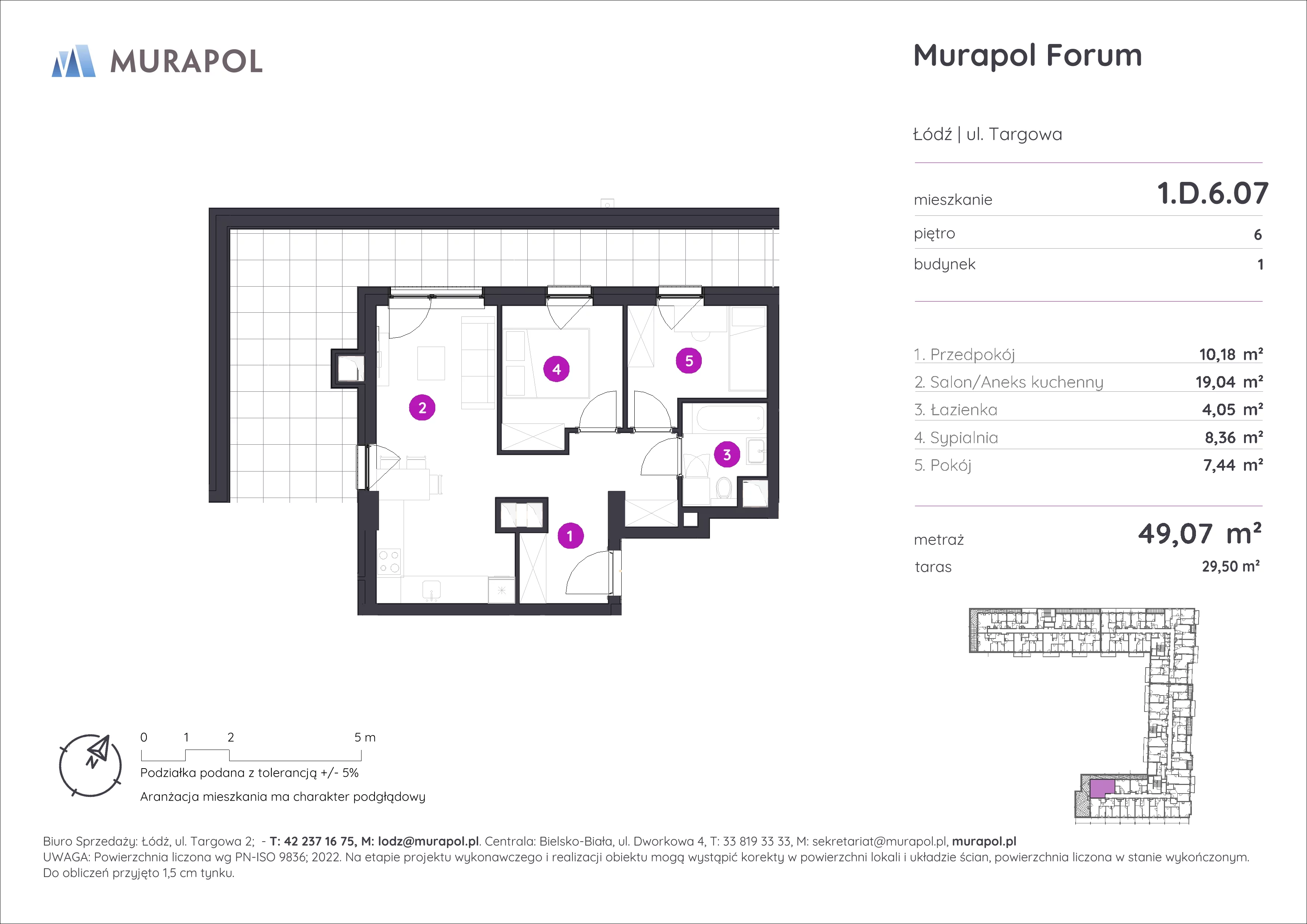 3 pokoje, mieszkanie 49,07 m², piętro 6, oferta nr 1.D.6.07, Murapol Forum, Łódź, Śródmieście, ul. Targowa