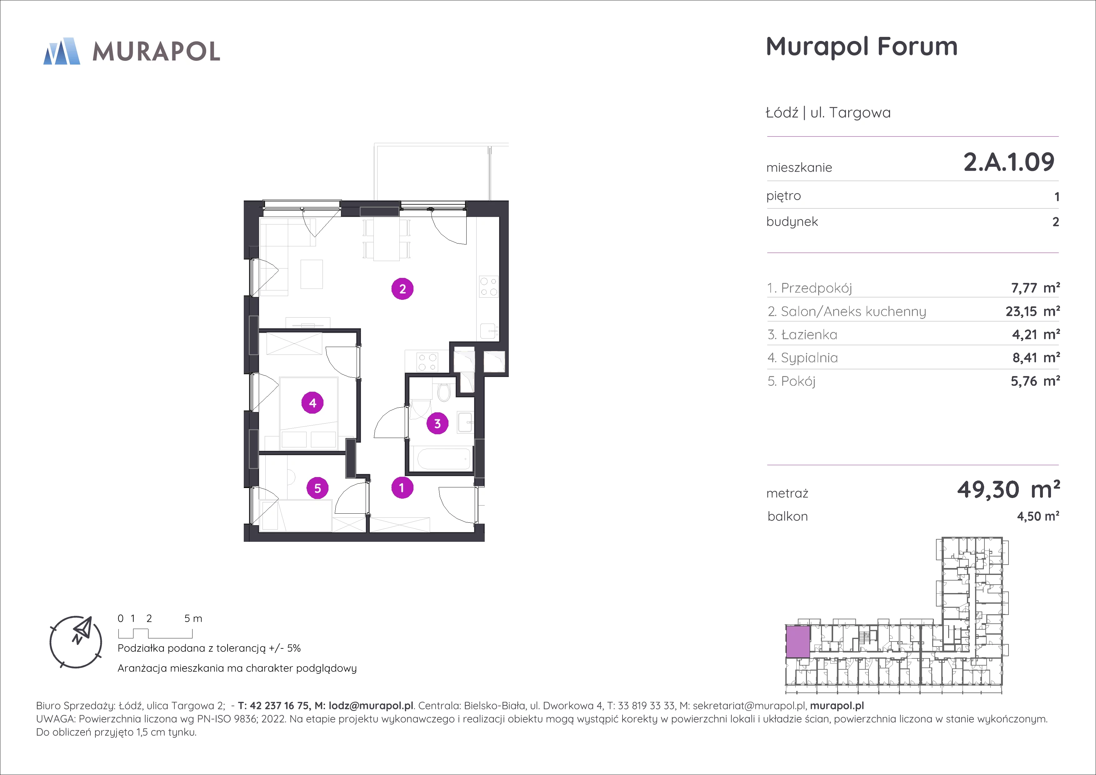 Mieszkanie 49,30 m², piętro 1, oferta nr 2.A.1.09, Murapol Forum, Łódź, Śródmieście, ul. Targowa