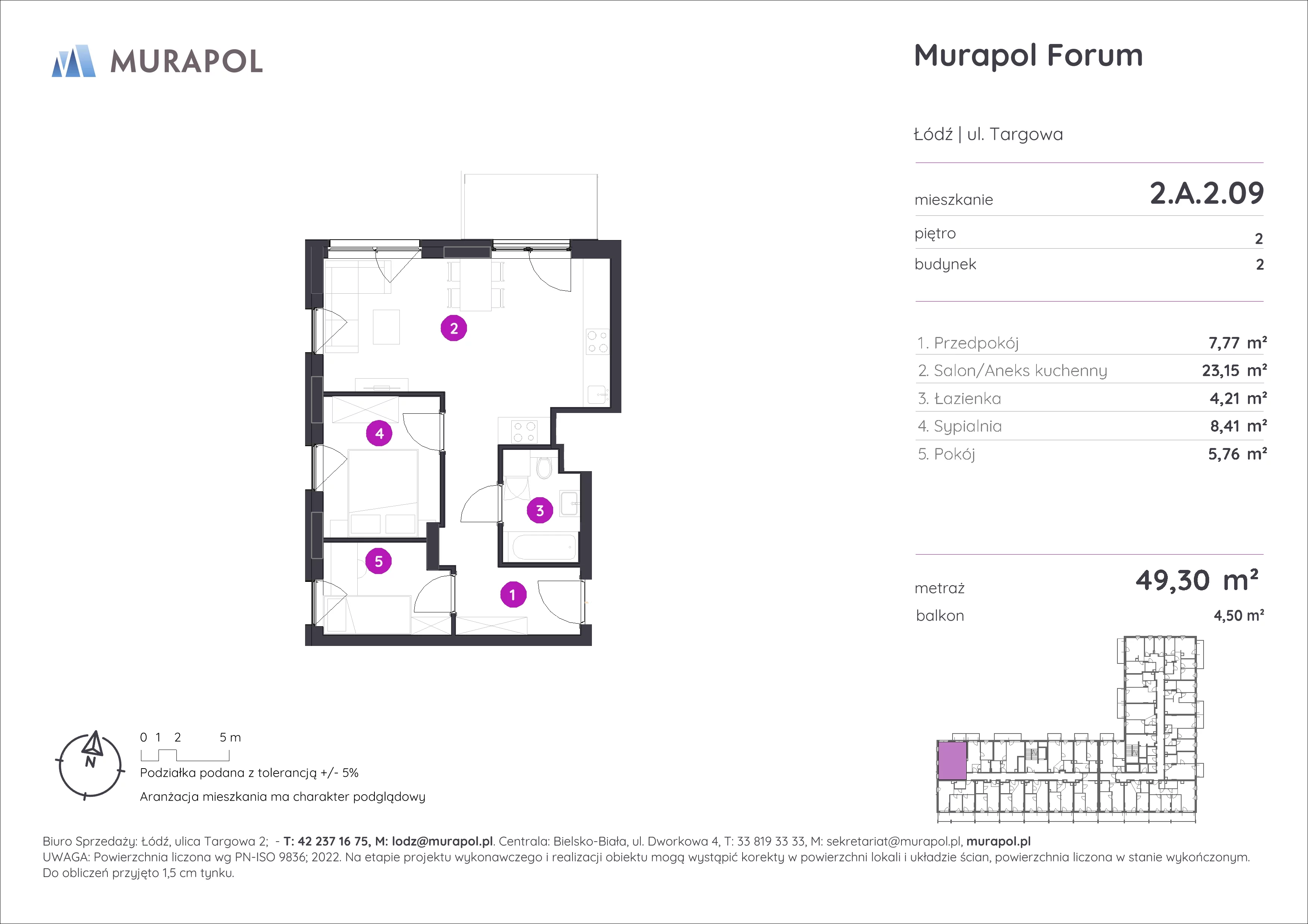 Mieszkanie 49,30 m², piętro 2, oferta nr 2.A.2.09, Murapol Forum, Łódź, Śródmieście, ul. Targowa