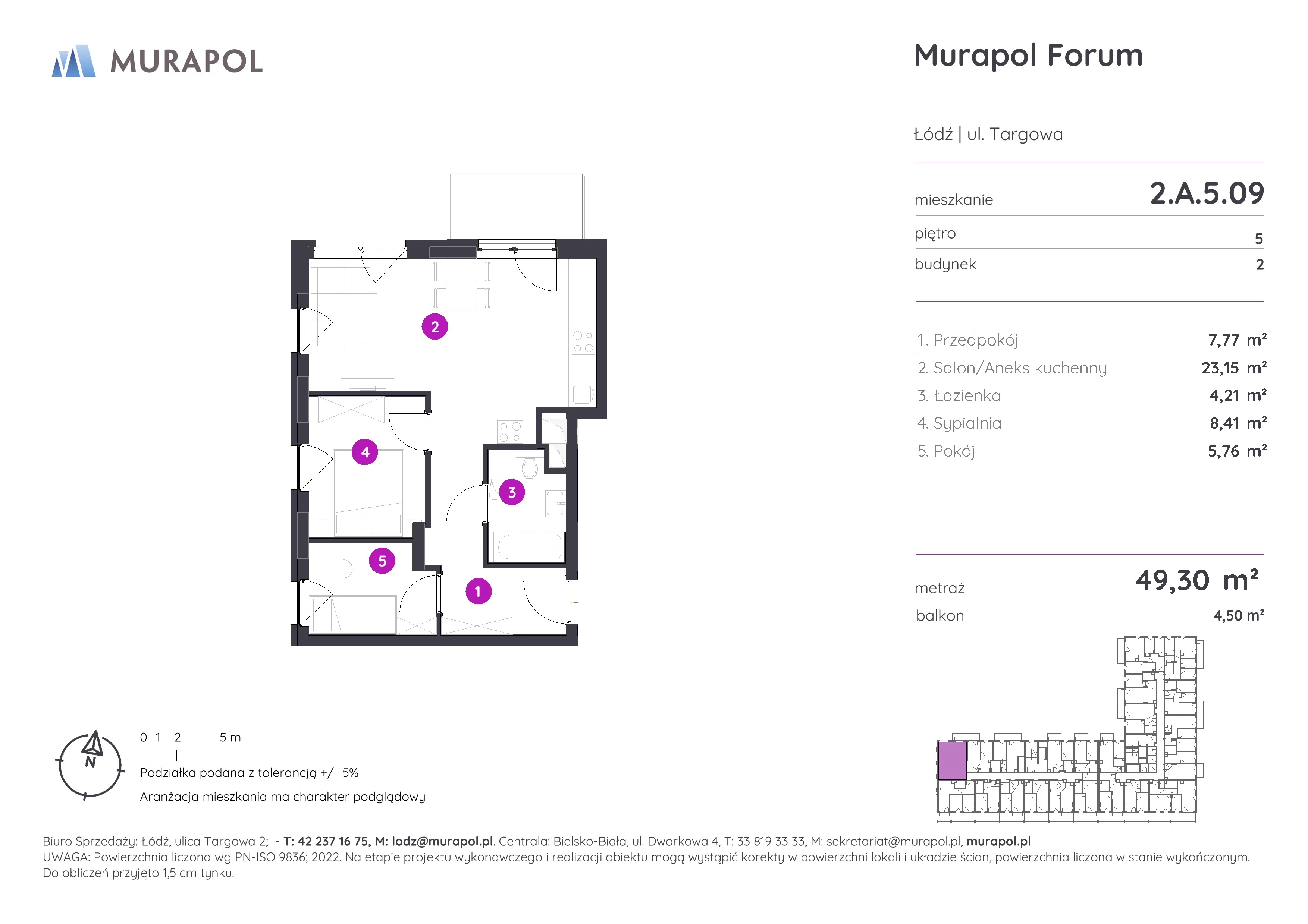 Mieszkanie 49,30 m², piętro 5, oferta nr 2.A.5.09, Murapol Forum, Łódź, Śródmieście, ul. Targowa