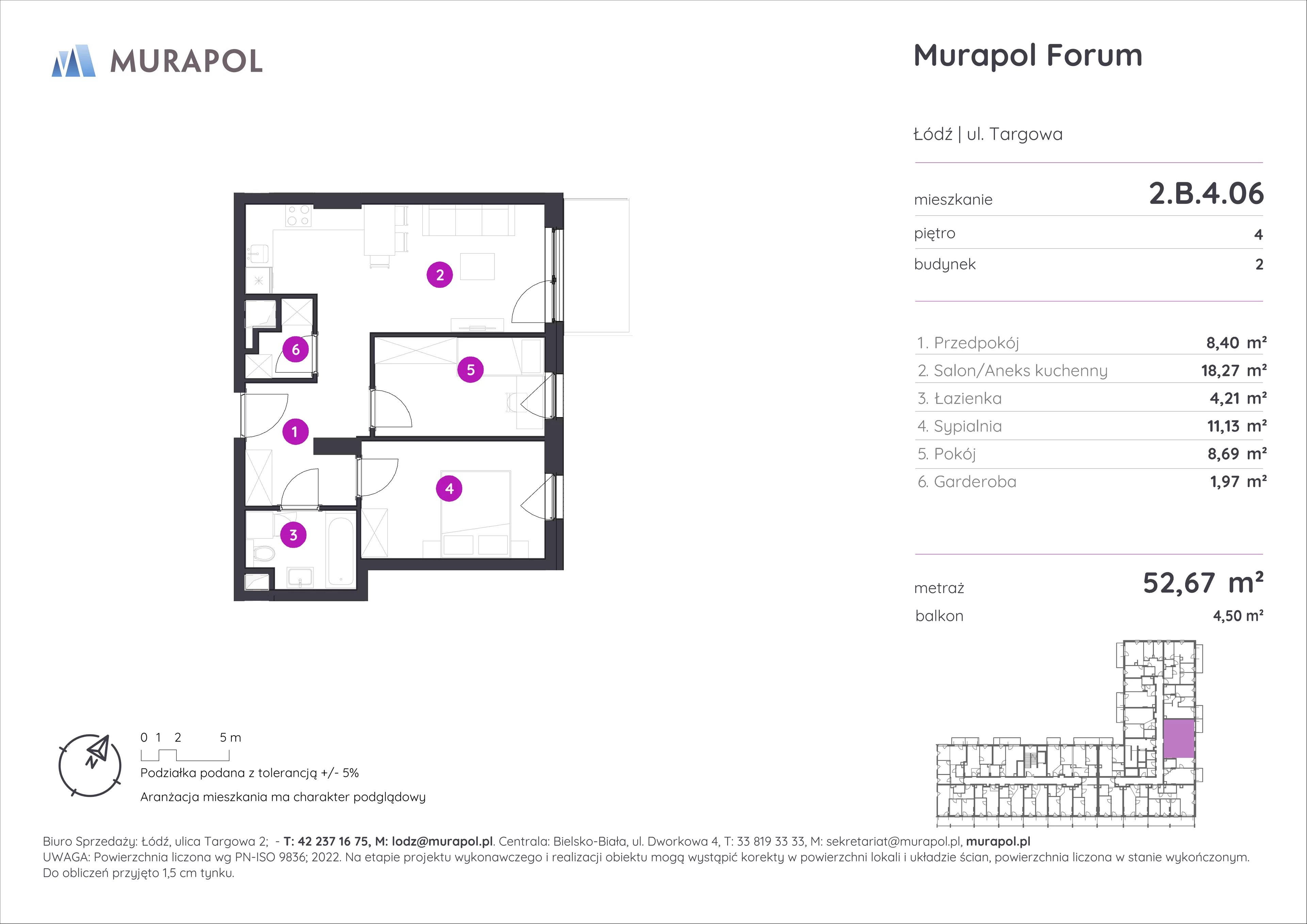 3 pokoje, mieszkanie 52,67 m², piętro 4, oferta nr 2.B.4.06, Murapol Forum, Łódź, Śródmieście, ul. Targowa