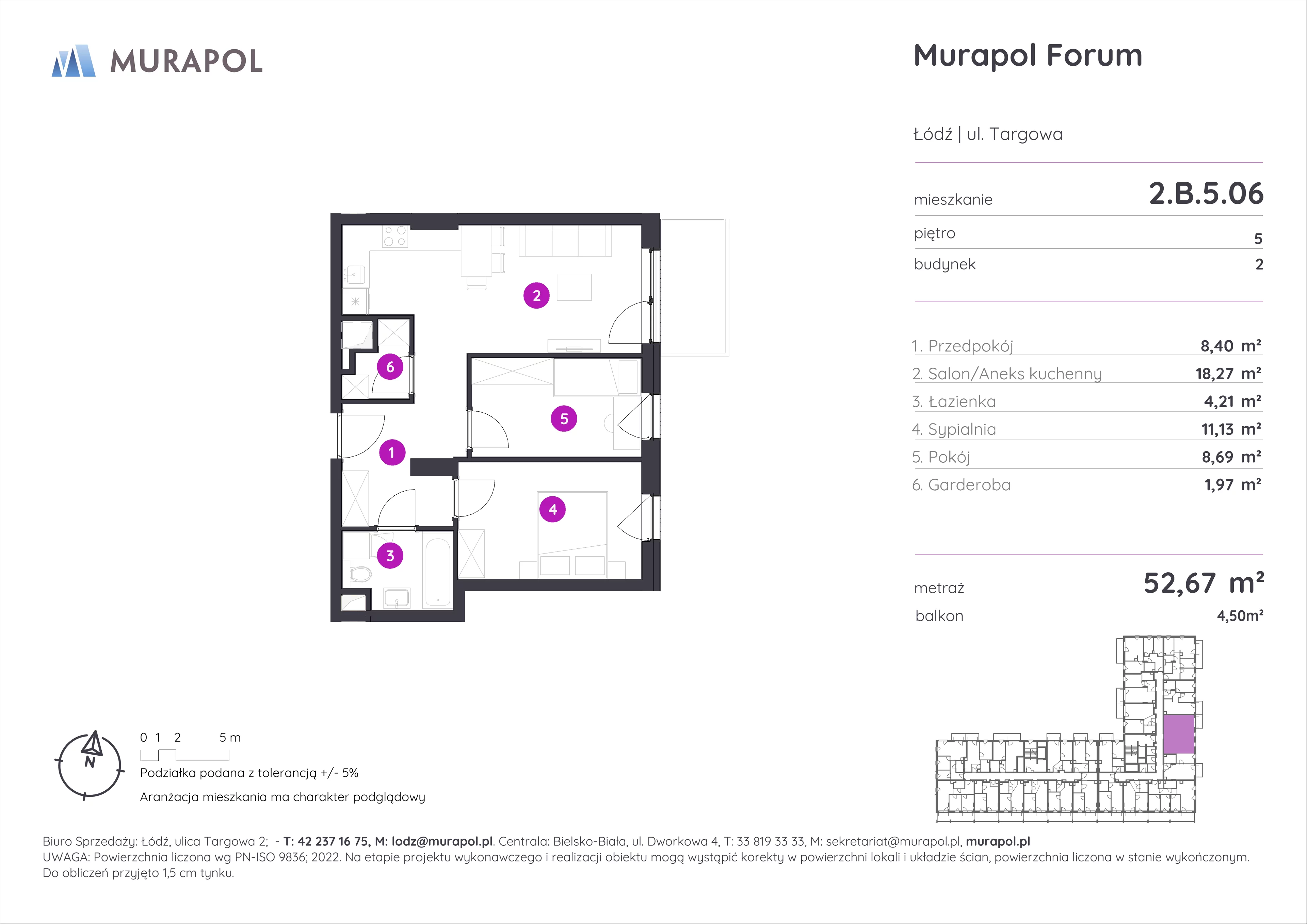 Mieszkanie 52,67 m², piętro 5, oferta nr 2.B.5.06, Murapol Forum, Łódź, Śródmieście, ul. Targowa