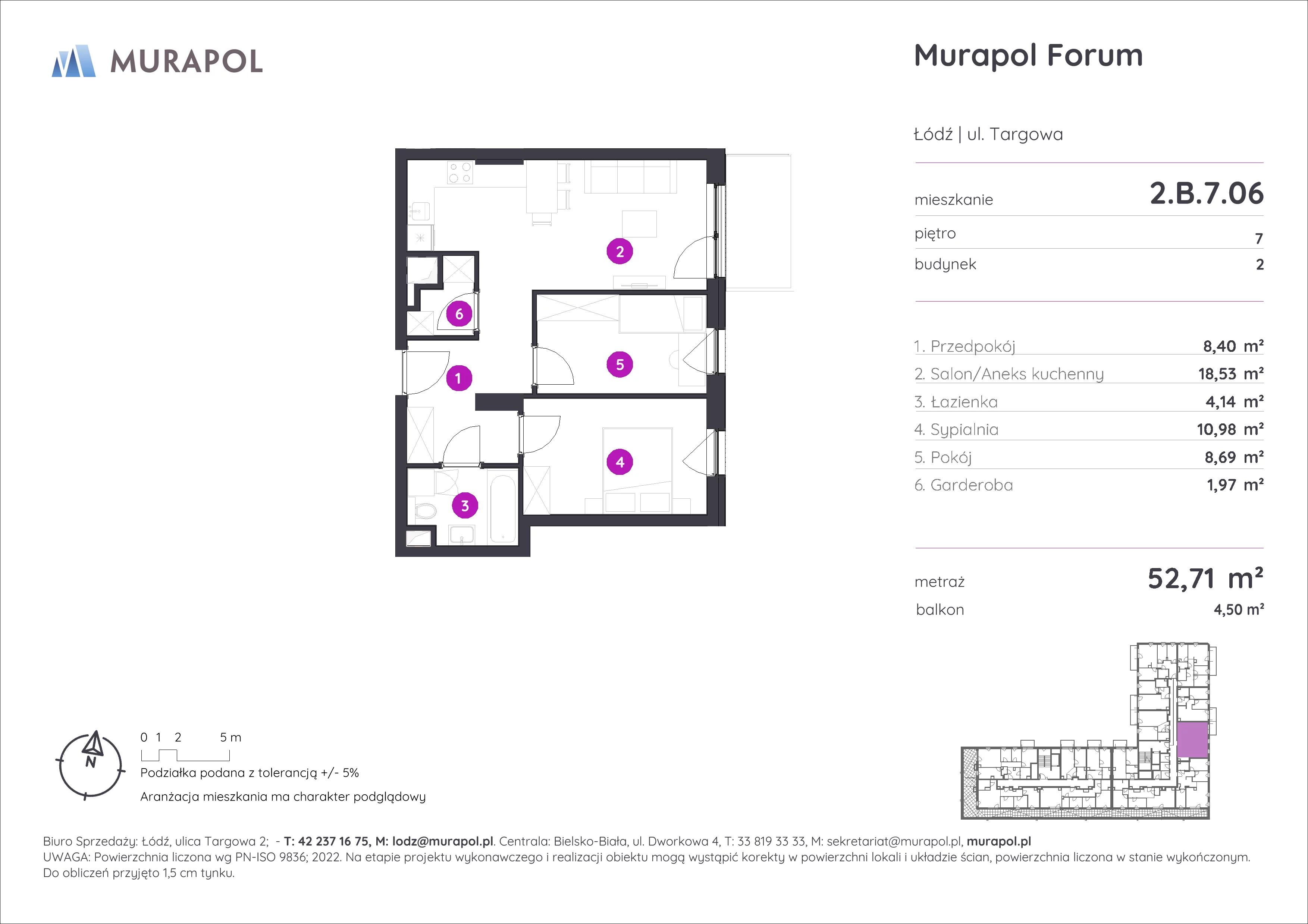 3 pokoje, mieszkanie 52,71 m², piętro 7, oferta nr 2.B.7.06, Murapol Forum, Łódź, Śródmieście, ul. Targowa