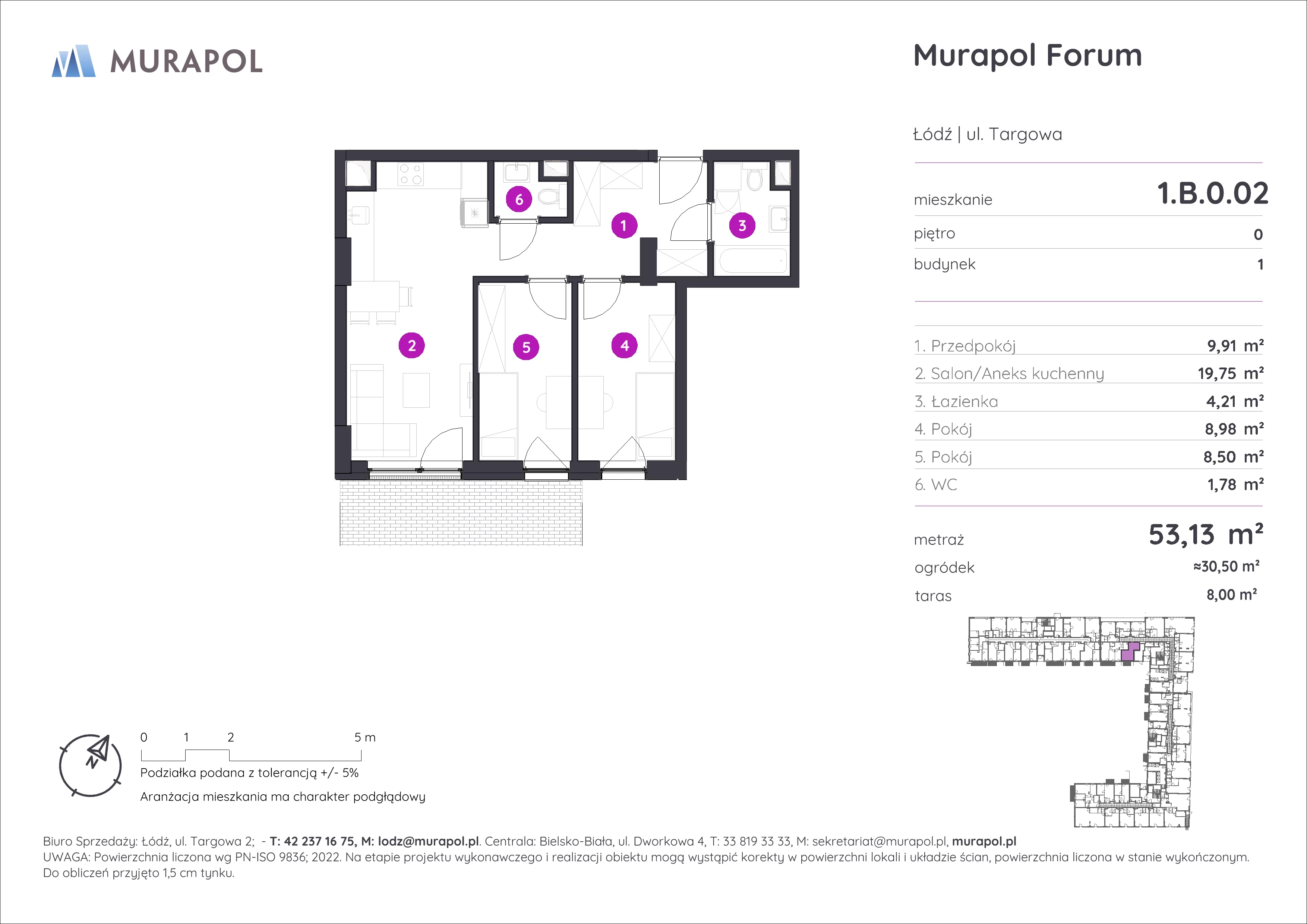 3 pokoje, mieszkanie 53,13 m², parter, oferta nr 1.B.0.02, Murapol Forum, Łódź, Śródmieście, ul. Targowa