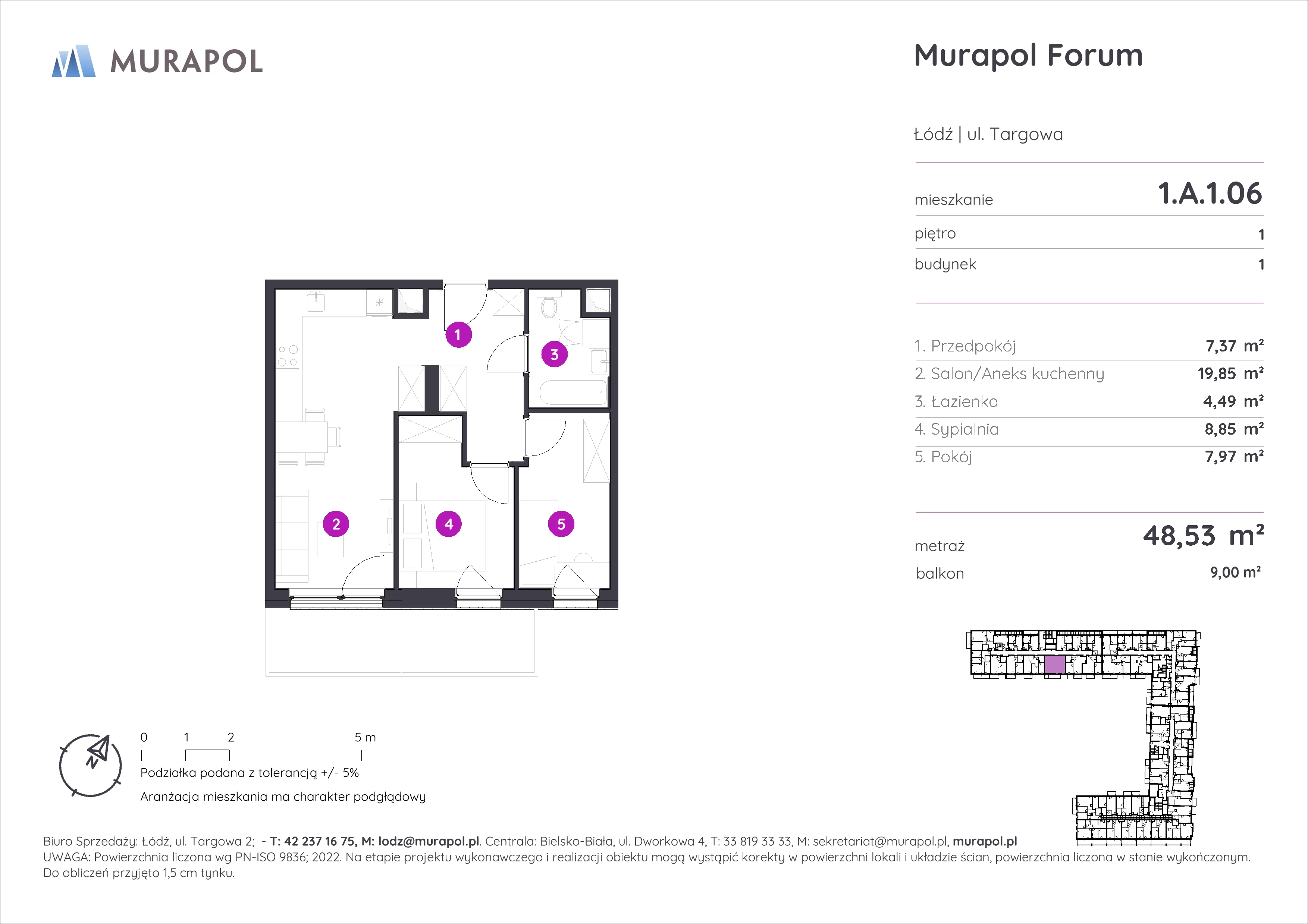 3 pokoje, mieszkanie 48,53 m², piętro 1, oferta nr 1.A.1.06, Murapol Forum, Łódź, Śródmieście, ul. Targowa