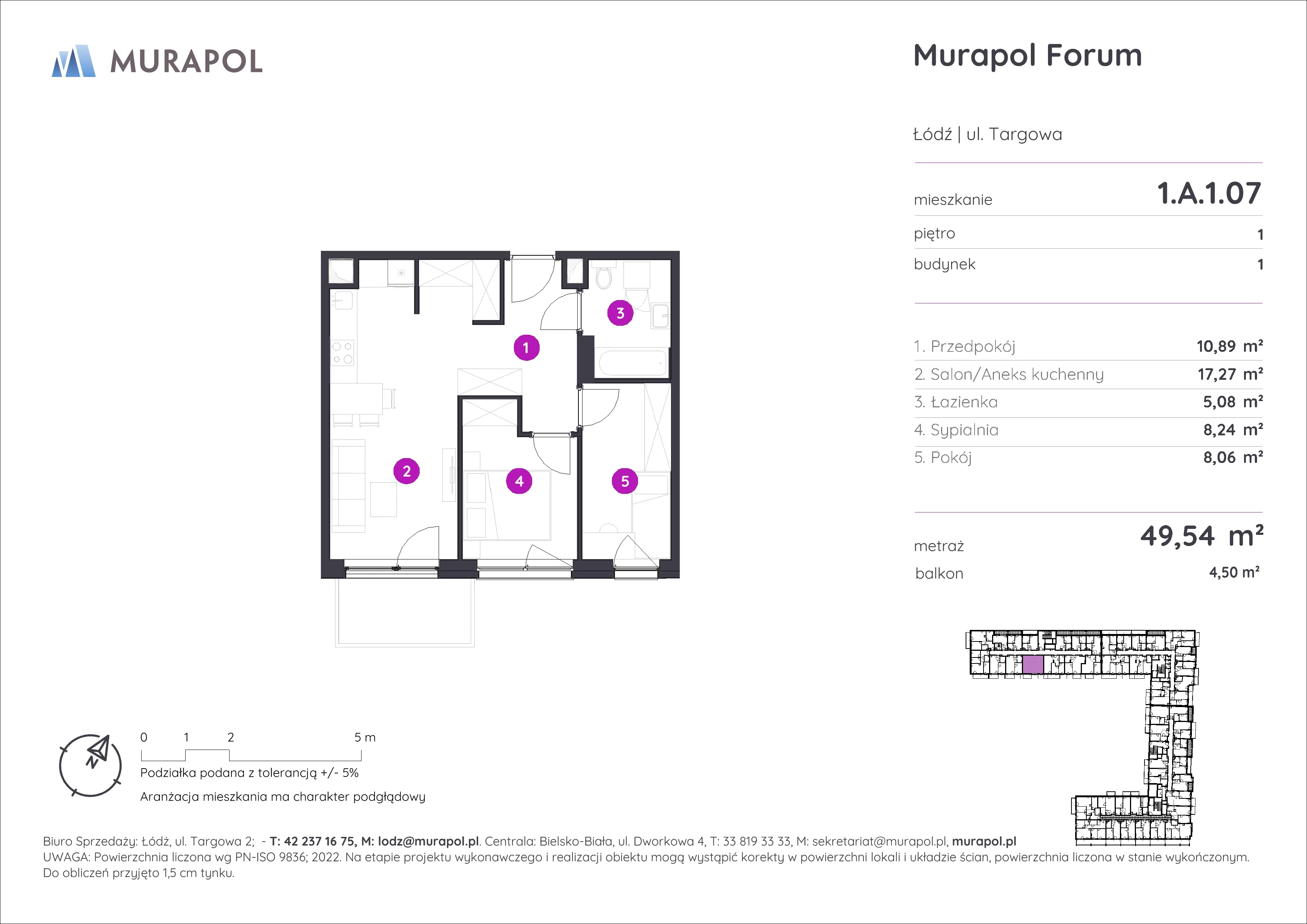 3 pokoje, mieszkanie 49,54 m², piętro 1, oferta nr 1.A.1.07, Murapol Forum, Łódź, Śródmieście, ul. Targowa