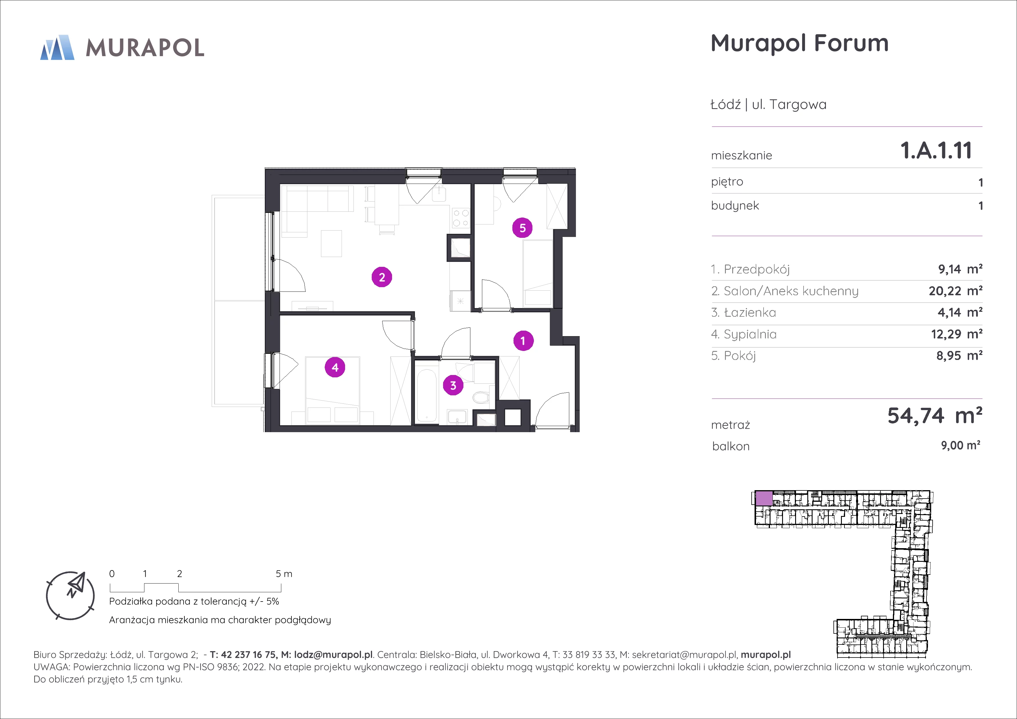 3 pokoje, mieszkanie 54,74 m², piętro 1, oferta nr 1.A.1.11, Murapol Forum, Łódź, Śródmieście, ul. Targowa