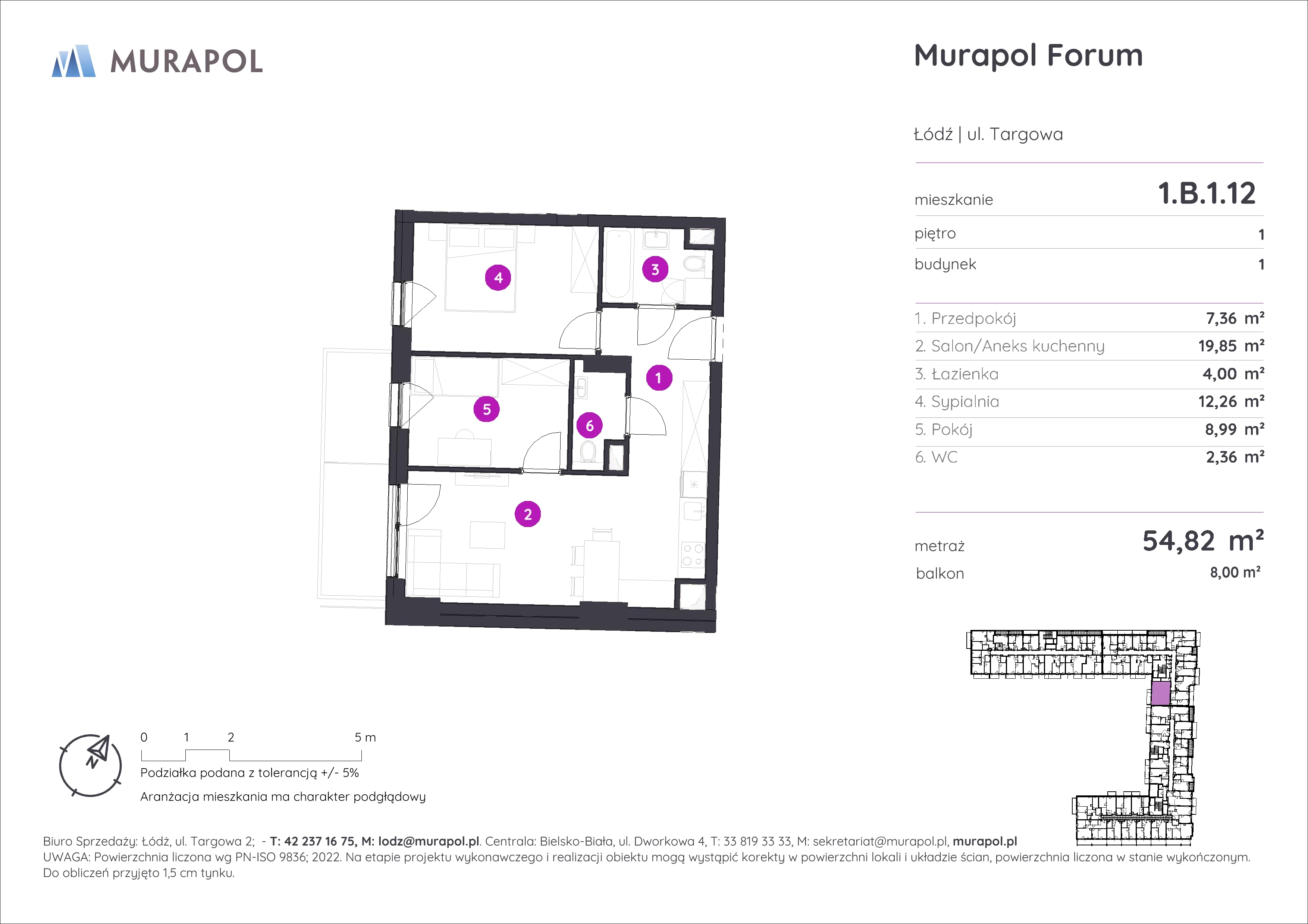 3 pokoje, mieszkanie 54,82 m², piętro 1, oferta nr 1.B.1.12, Murapol Forum, Łódź, Śródmieście, ul. Targowa