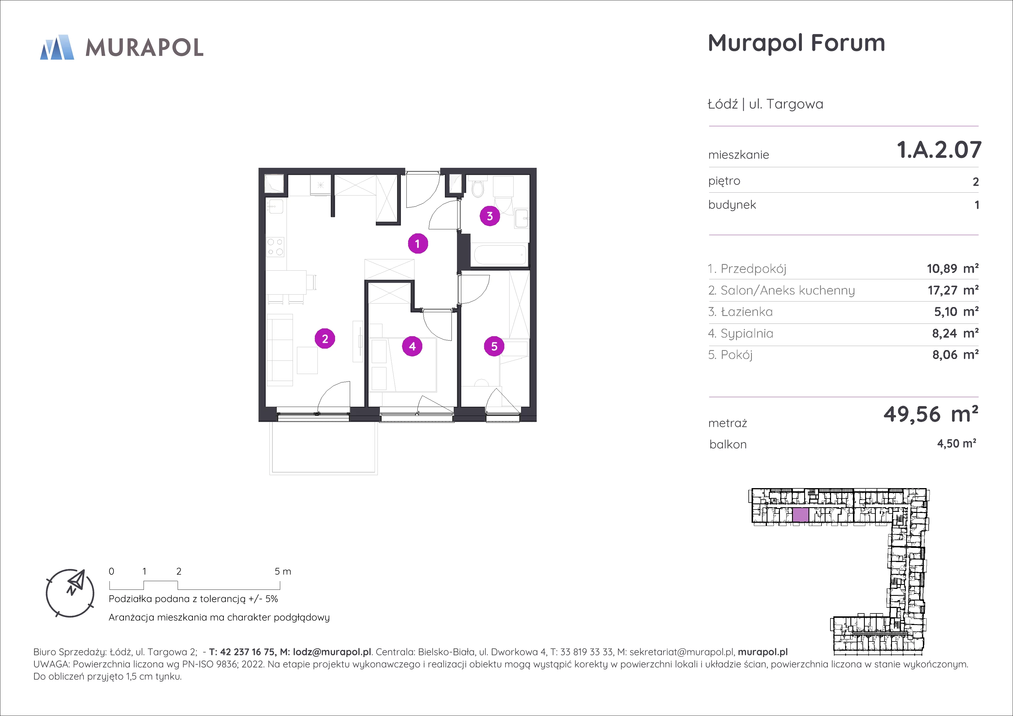 3 pokoje, mieszkanie 49,56 m², piętro 2, oferta nr 1.A.2.07, Murapol Forum, Łódź, Śródmieście, ul. Targowa