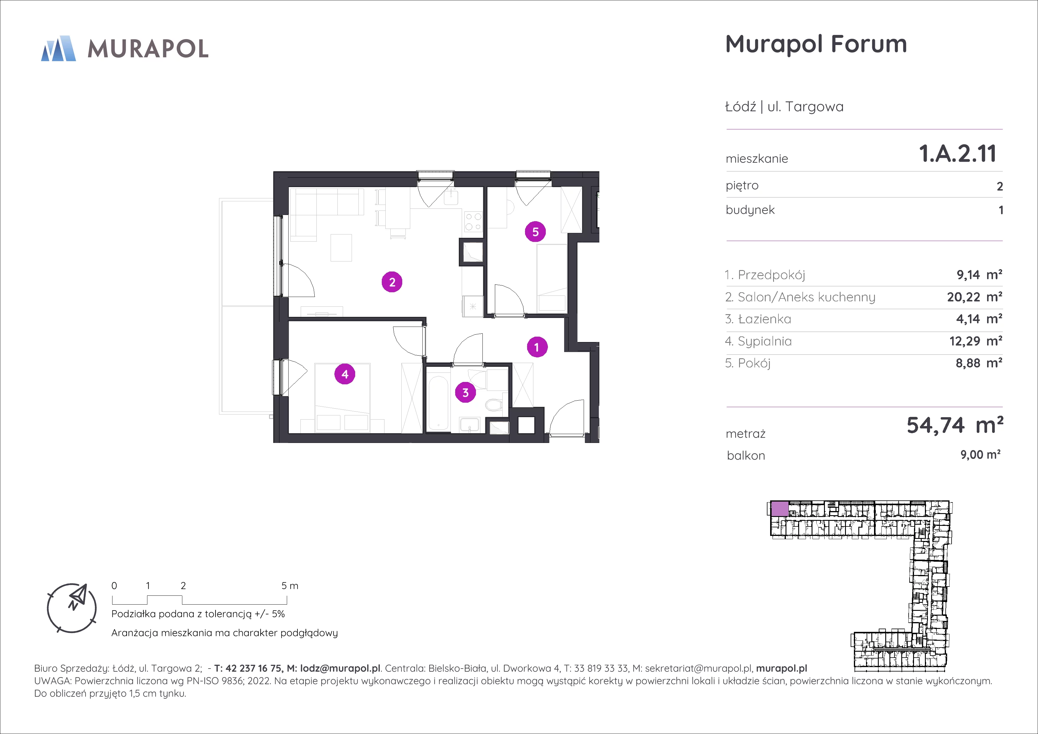 3 pokoje, mieszkanie 54,74 m², piętro 2, oferta nr 1.A.2.11, Murapol Forum, Łódź, Śródmieście, ul. Targowa