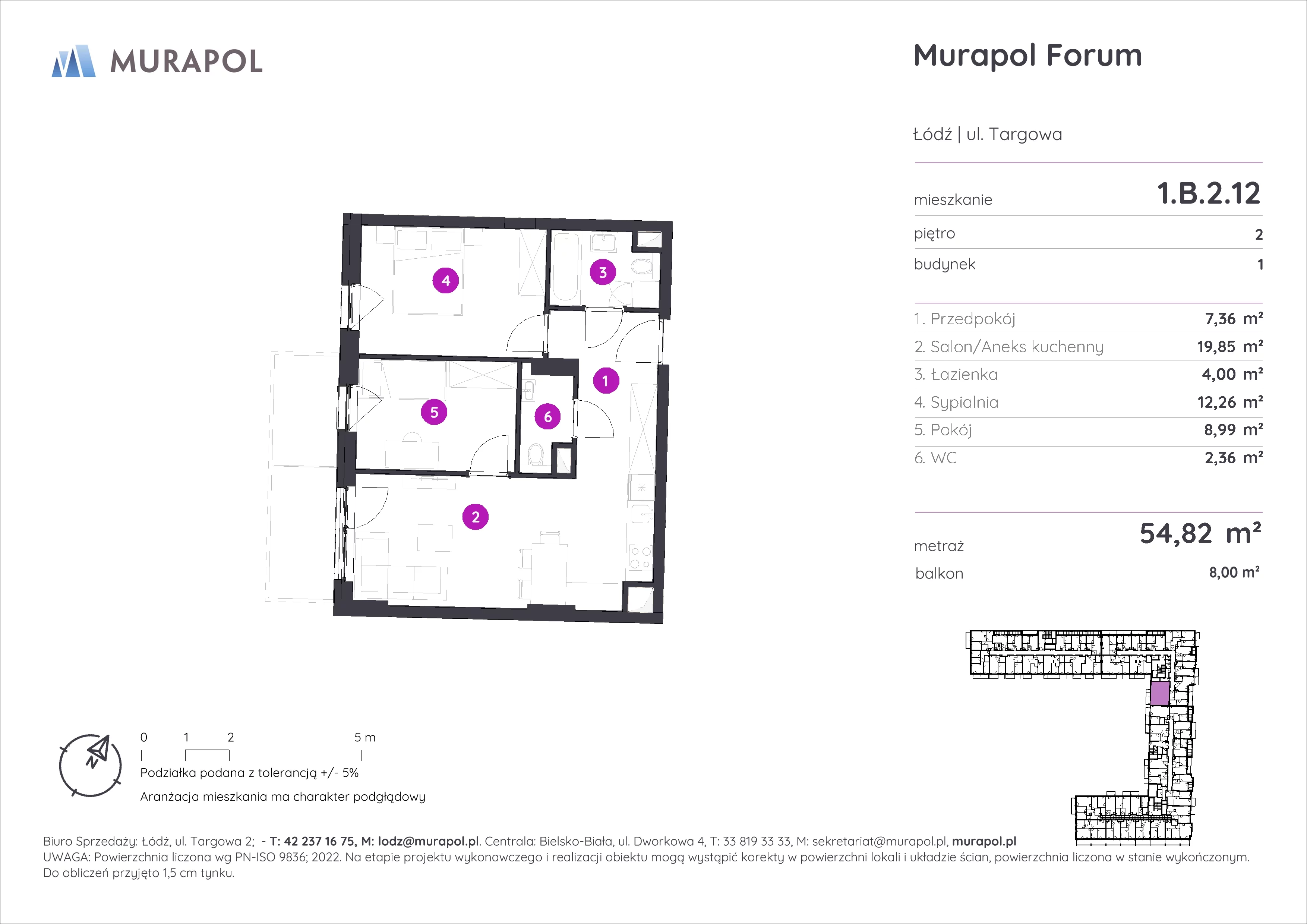 3 pokoje, mieszkanie 54,82 m², piętro 2, oferta nr 1.B.2.12, Murapol Forum, Łódź, Śródmieście, ul. Targowa