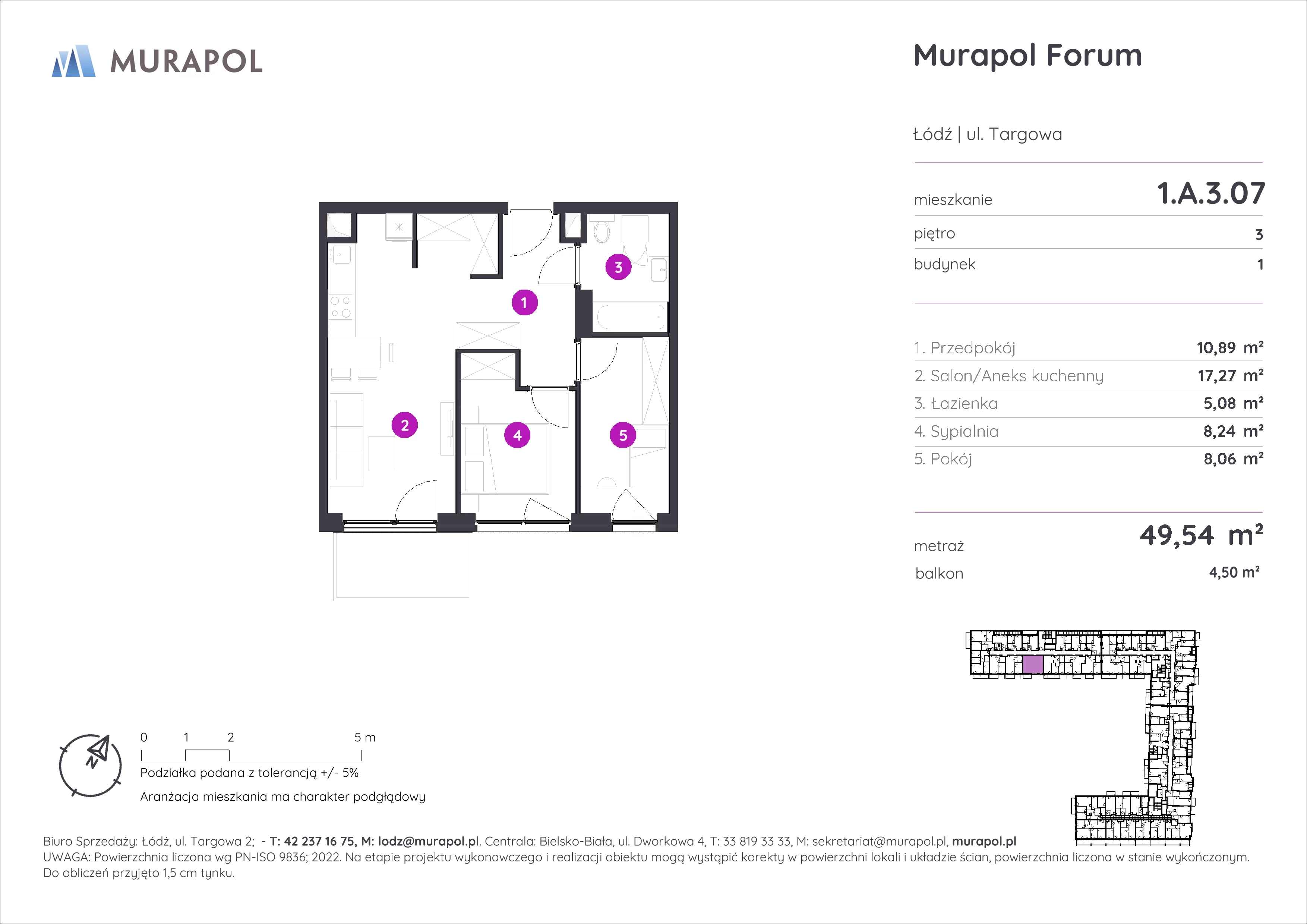 3 pokoje, mieszkanie 49,54 m², piętro 3, oferta nr 1.A.3.07, Murapol Forum, Łódź, Śródmieście, ul. Targowa