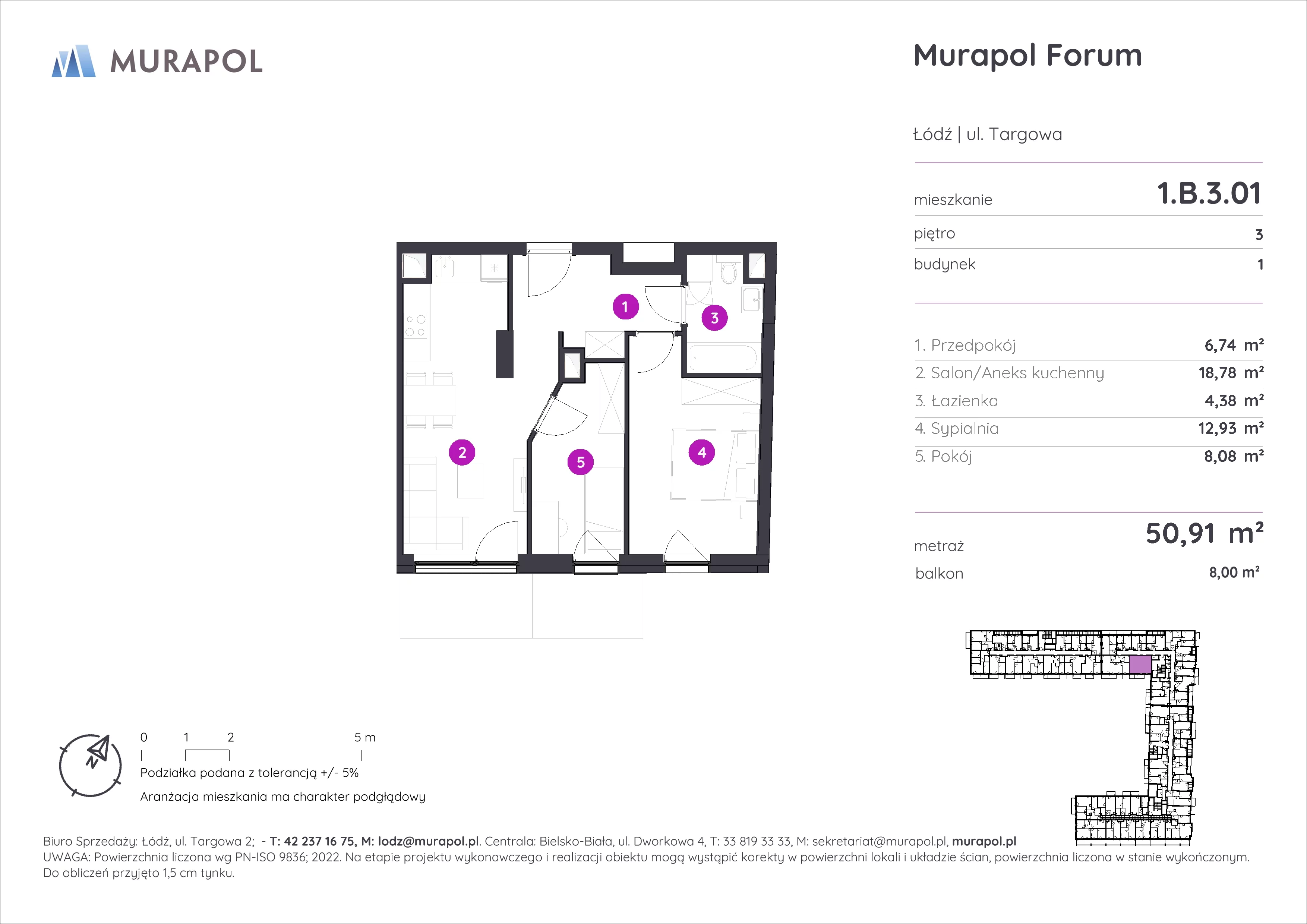 3 pokoje, mieszkanie 50,91 m², piętro 3, oferta nr 1.B.3.01, Murapol Forum, Łódź, Śródmieście, ul. Targowa