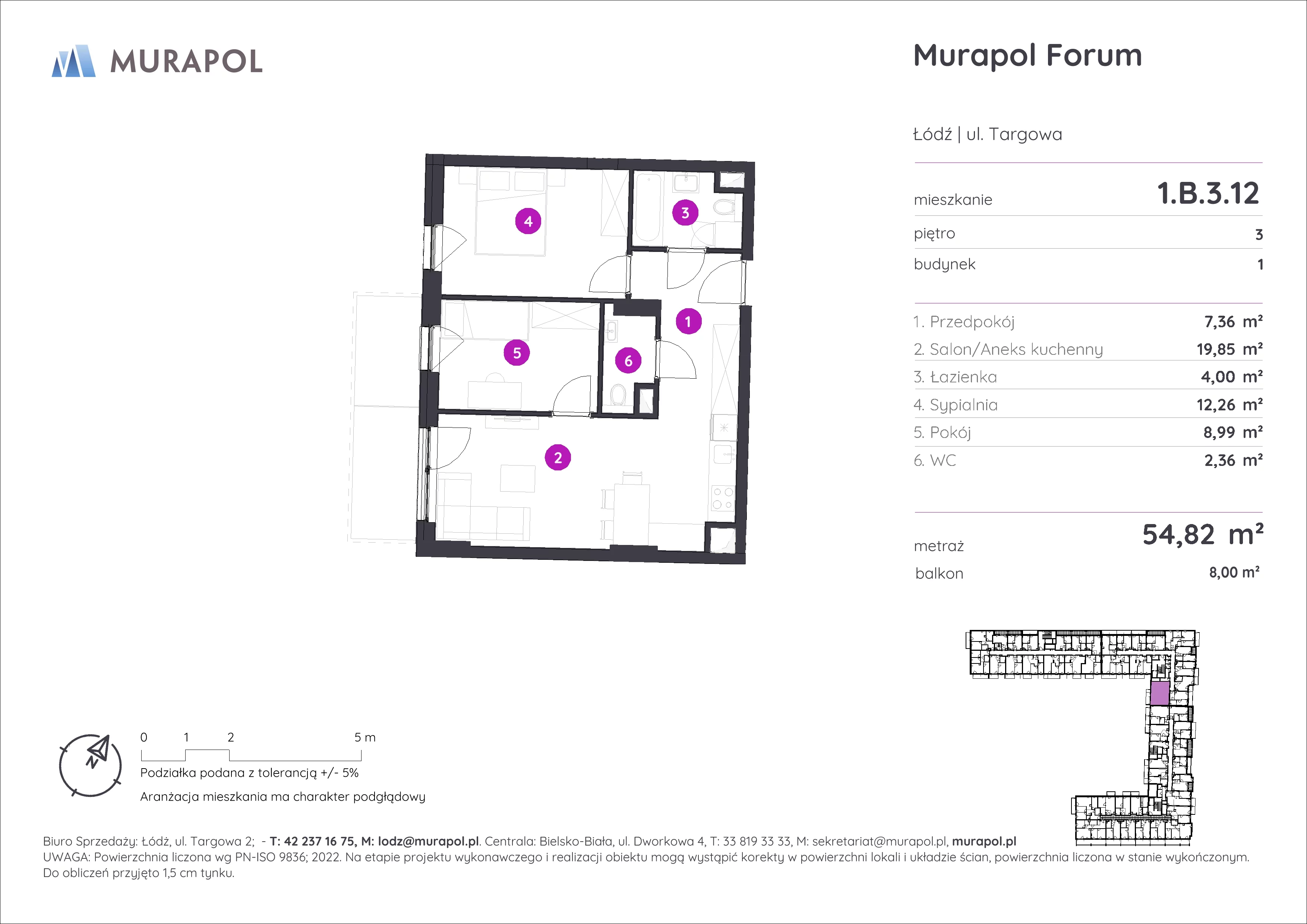 3 pokoje, mieszkanie 54,82 m², piętro 3, oferta nr 1.B.3.12, Murapol Forum, Łódź, Śródmieście, ul. Targowa