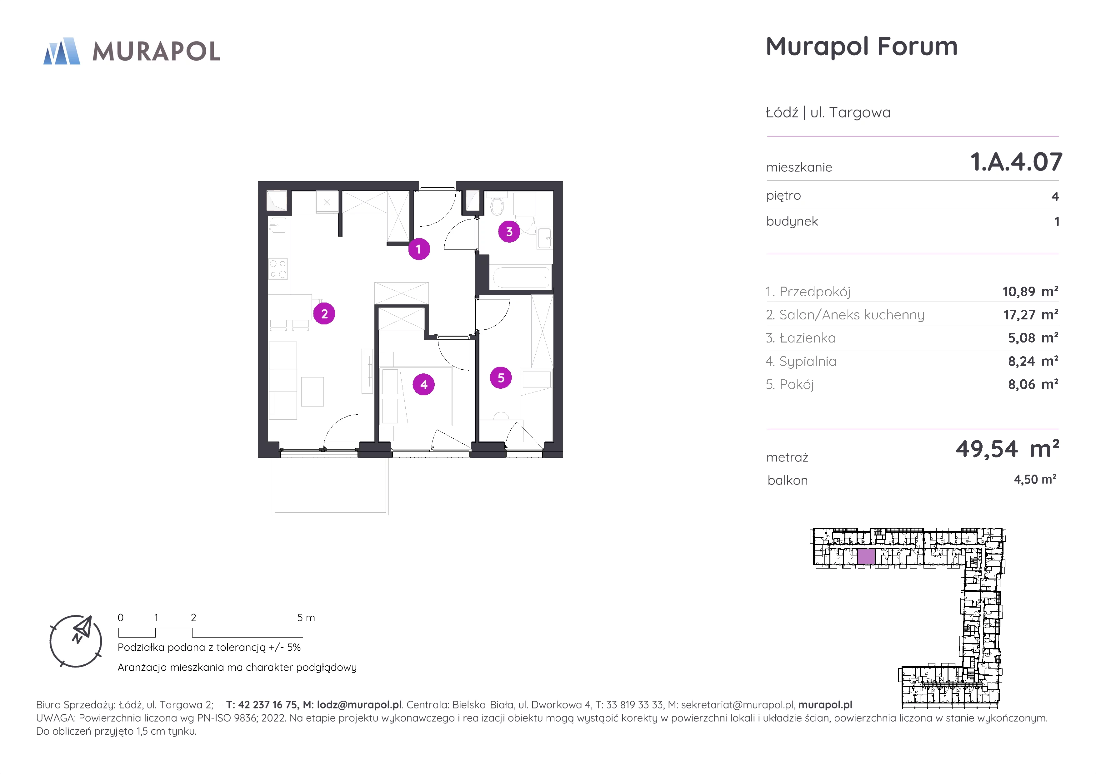3 pokoje, mieszkanie 49,54 m², piętro 4, oferta nr 1.A.4.07, Murapol Forum, Łódź, Śródmieście, ul. Targowa