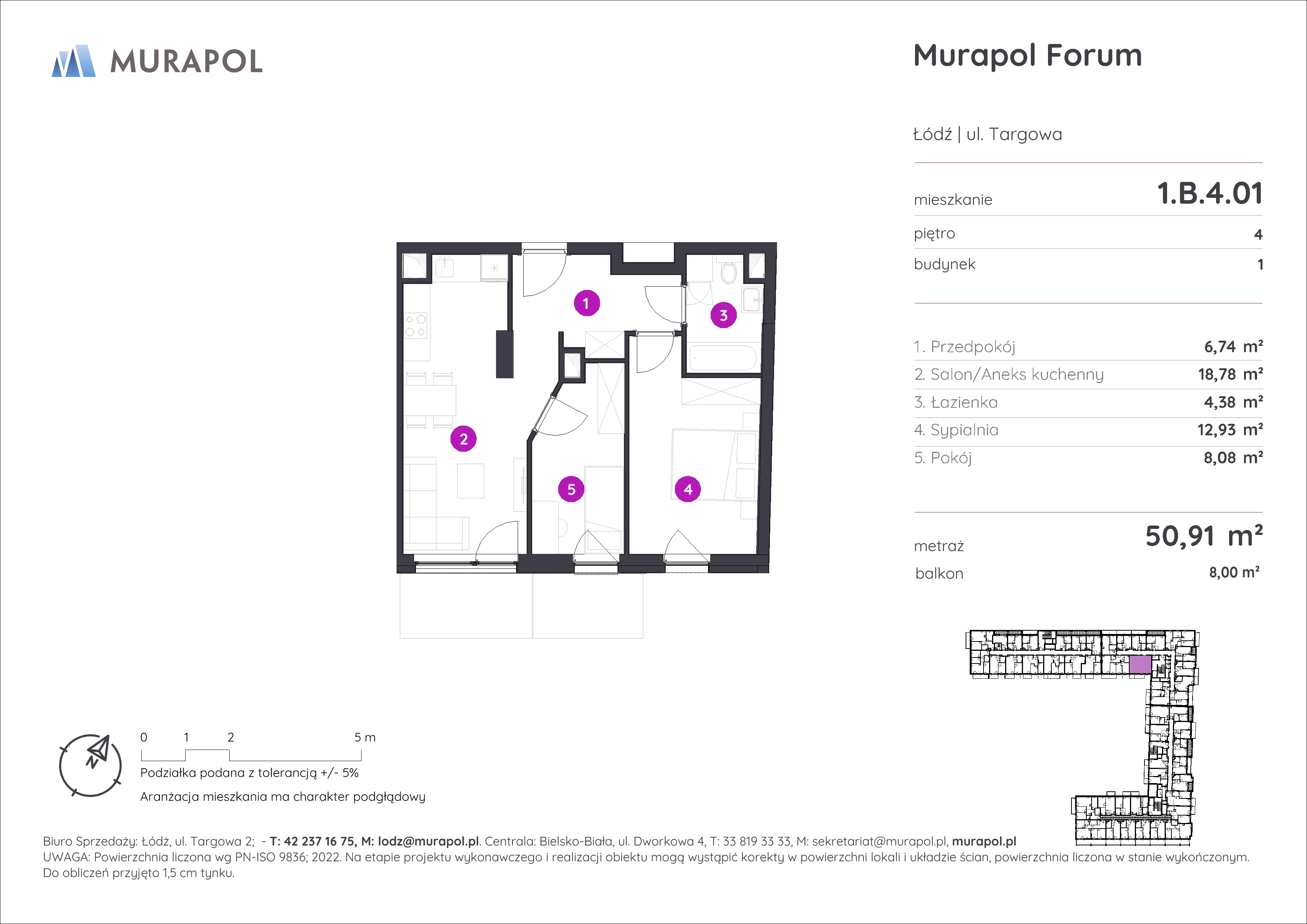 3 pokoje, mieszkanie 50,91 m², piętro 4, oferta nr 1.B.4.01, Murapol Forum, Łódź, Śródmieście, ul. Targowa
