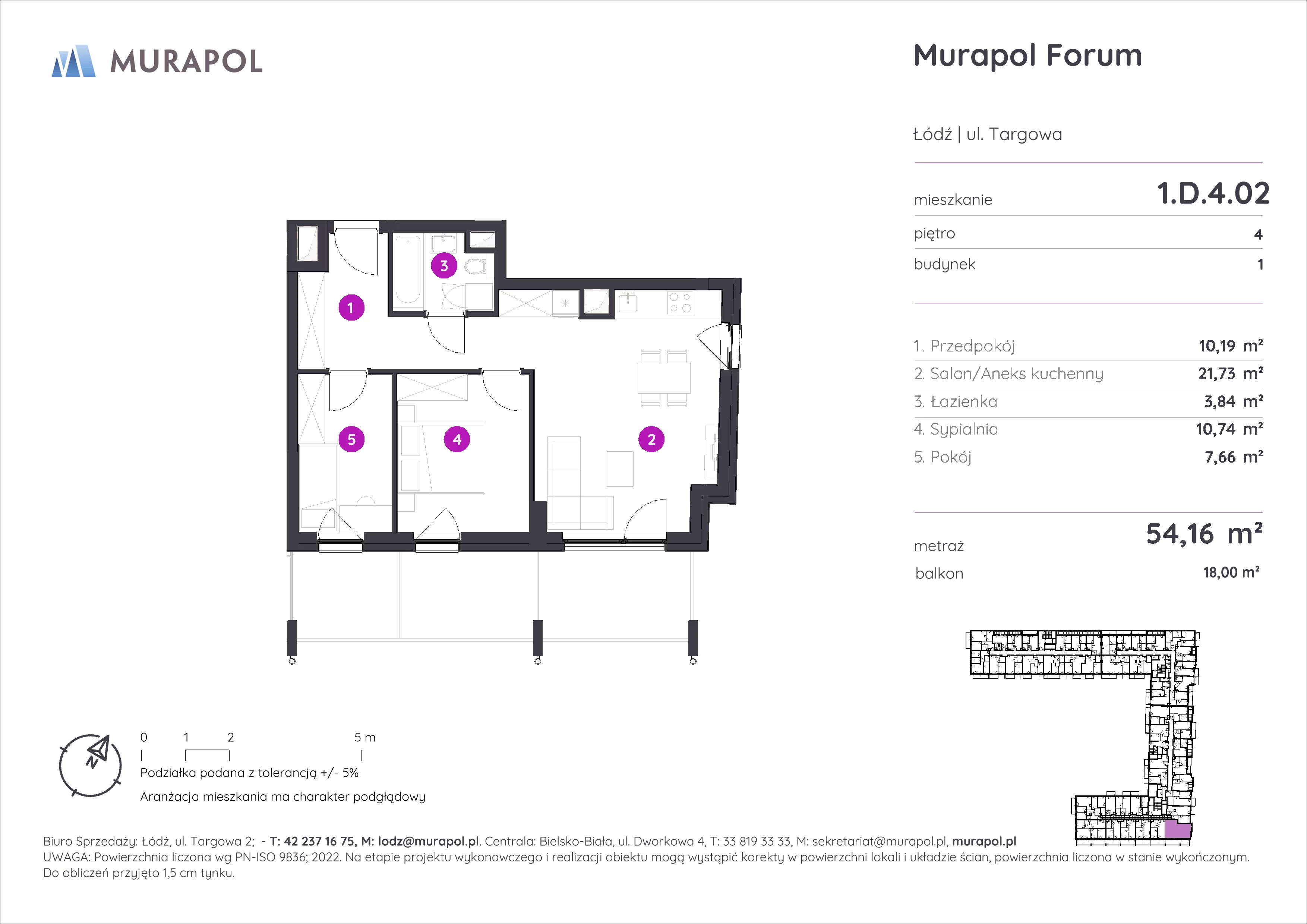 3 pokoje, mieszkanie 54,16 m², piętro 4, oferta nr 1.D.4.02, Murapol Forum, Łódź, Śródmieście, ul. Targowa