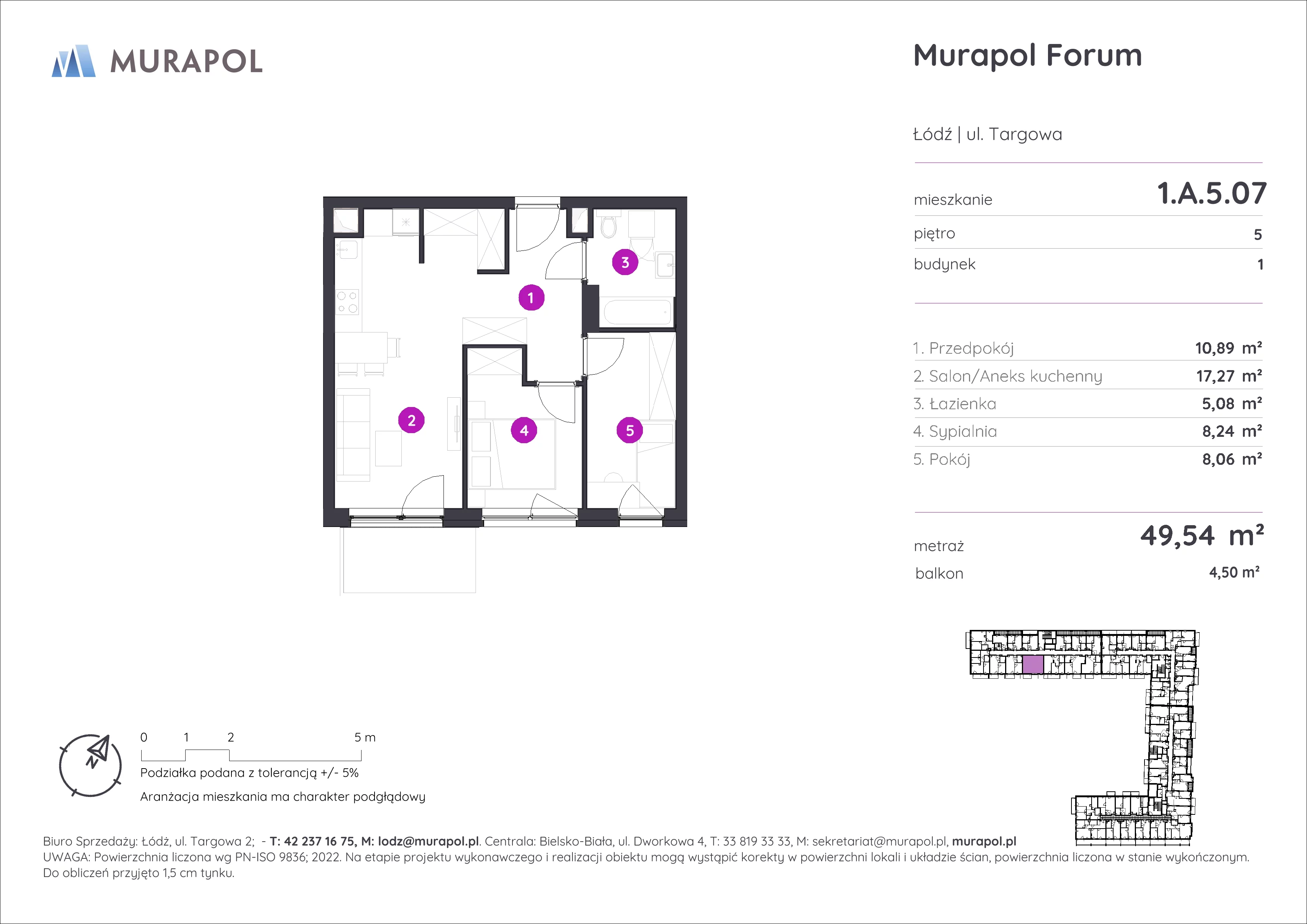 3 pokoje, mieszkanie 49,54 m², piętro 5, oferta nr 1.A.5.07, Murapol Forum, Łódź, Śródmieście, ul. Targowa