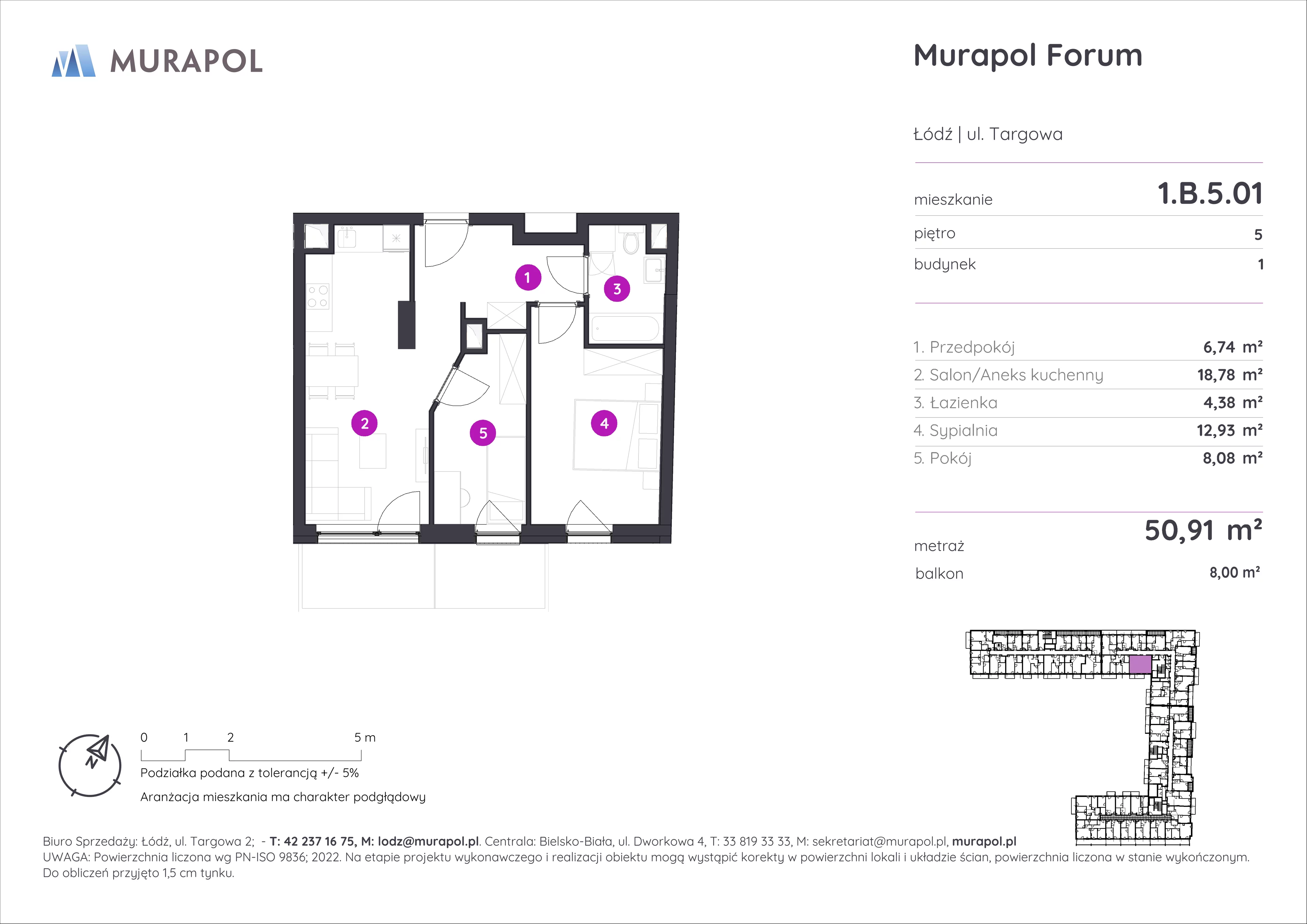 3 pokoje, mieszkanie 50,91 m², piętro 5, oferta nr 1.B.5.01, Murapol Forum, Łódź, Śródmieście, ul. Targowa