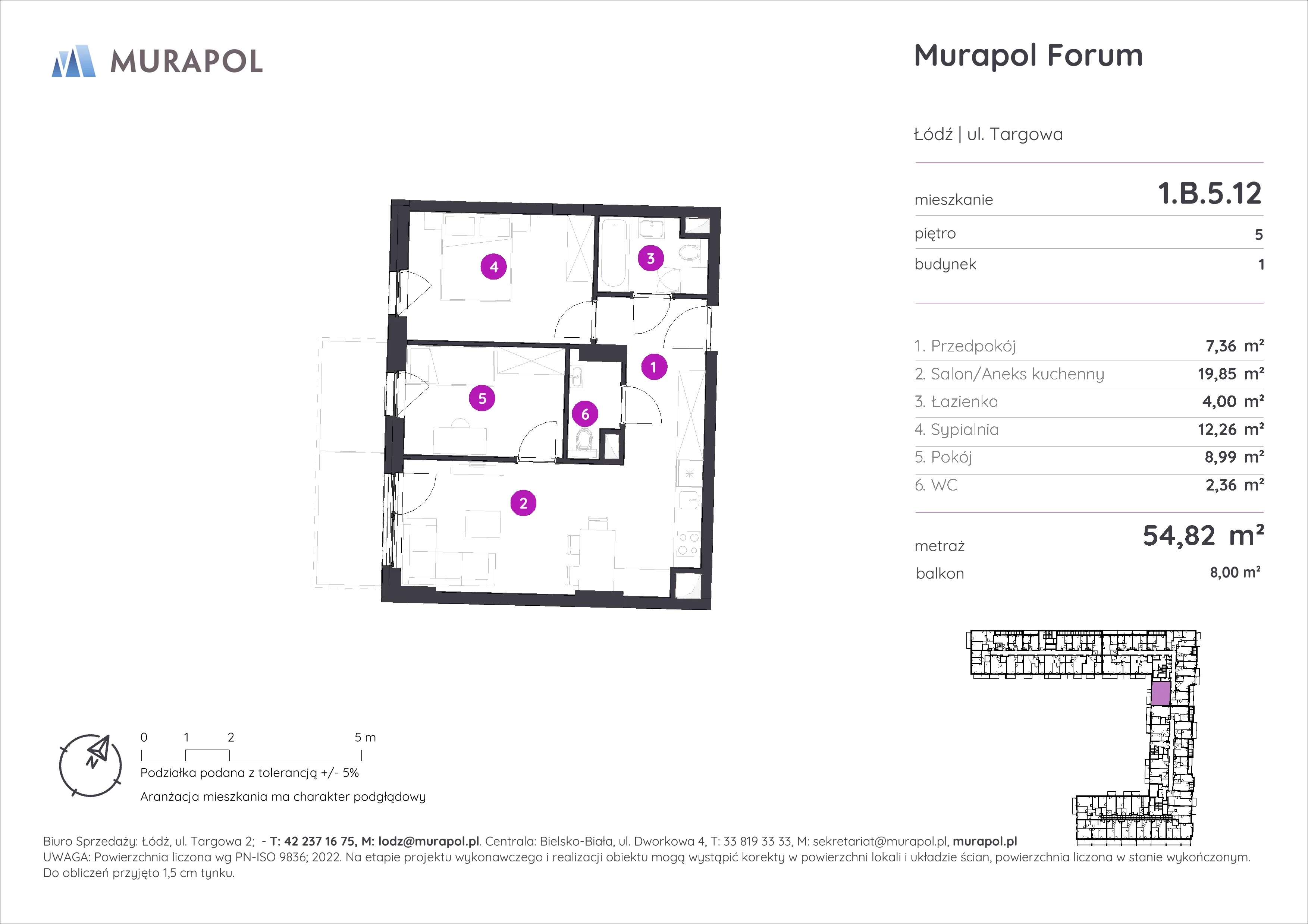 3 pokoje, mieszkanie 54,82 m², piętro 5, oferta nr 1.B.5.12, Murapol Forum, Łódź, Śródmieście, ul. Targowa