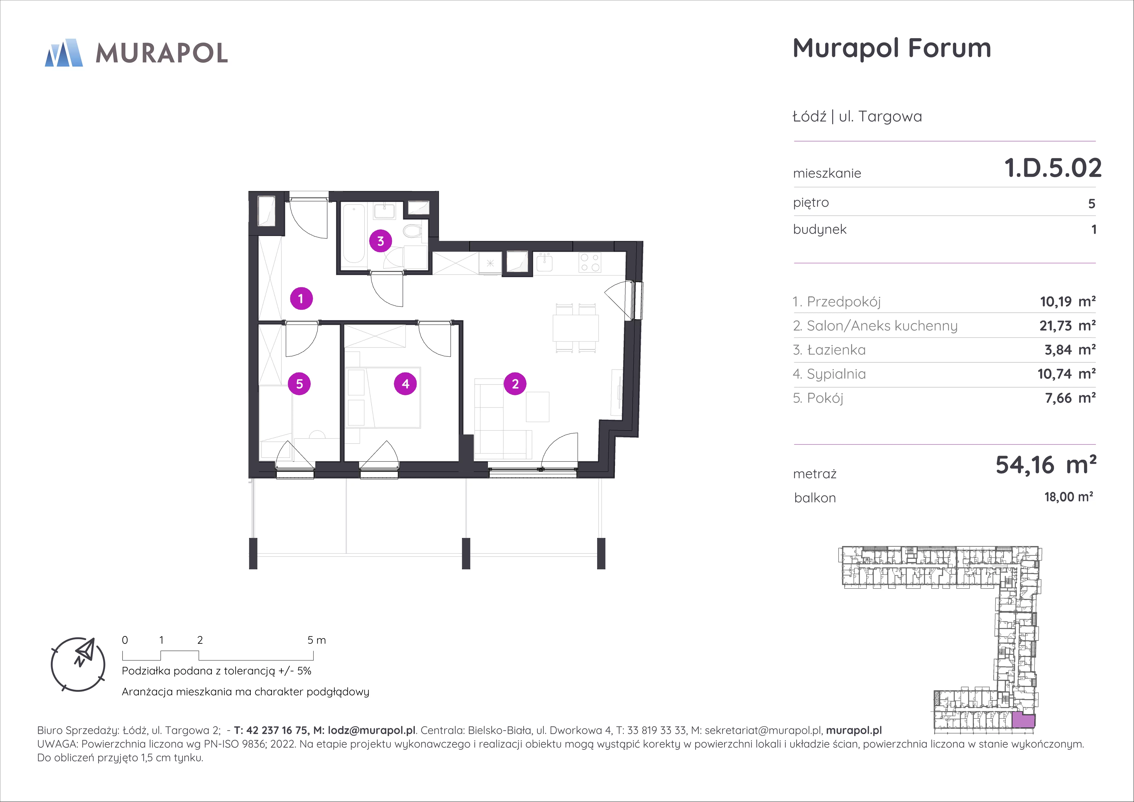 3 pokoje, mieszkanie 54,16 m², piętro 5, oferta nr 1.D.5.02, Murapol Forum, Łódź, Śródmieście, ul. Targowa