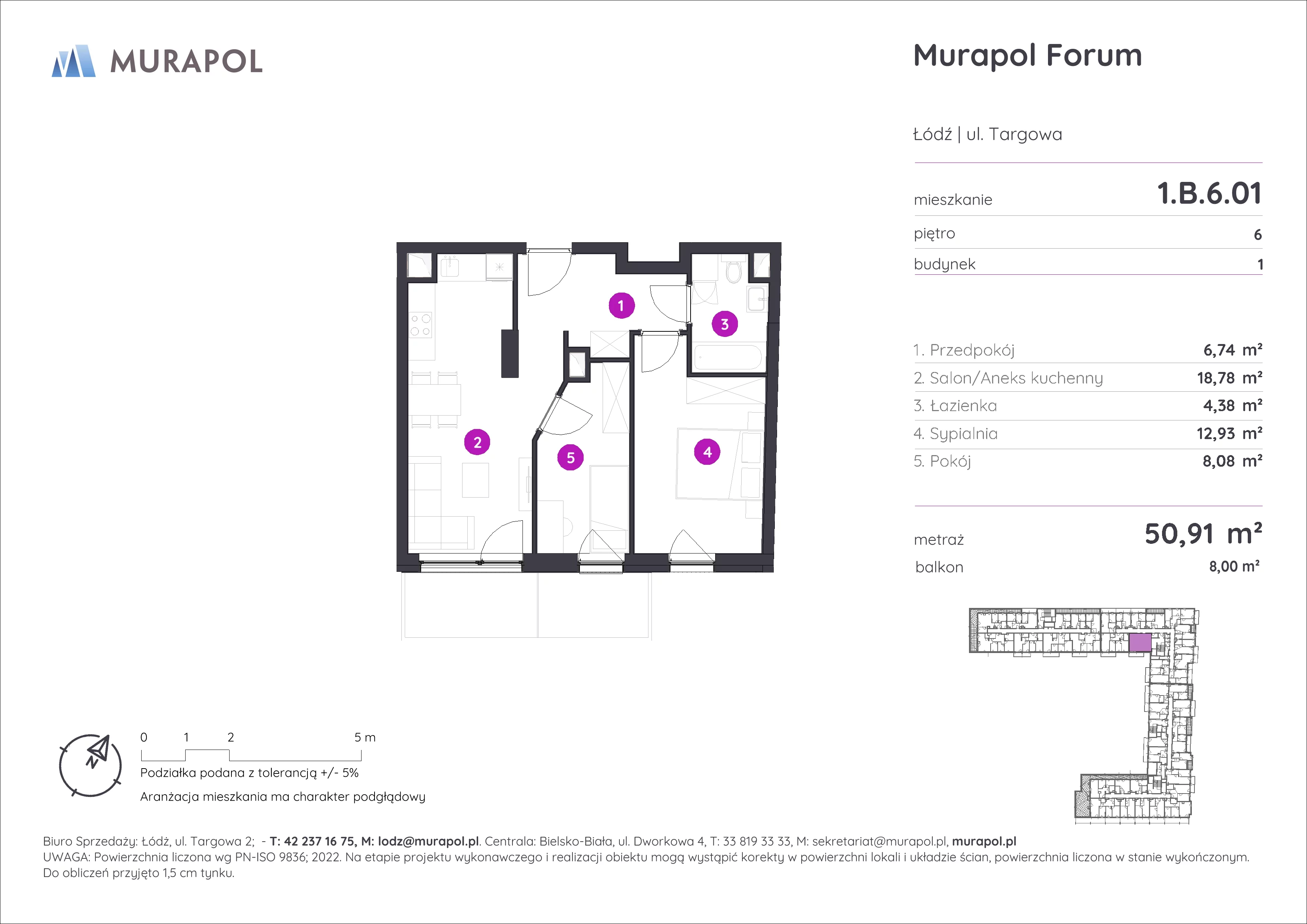 3 pokoje, mieszkanie 50,91 m², piętro 6, oferta nr 1.B.6.01, Murapol Forum, Łódź, Śródmieście, ul. Targowa