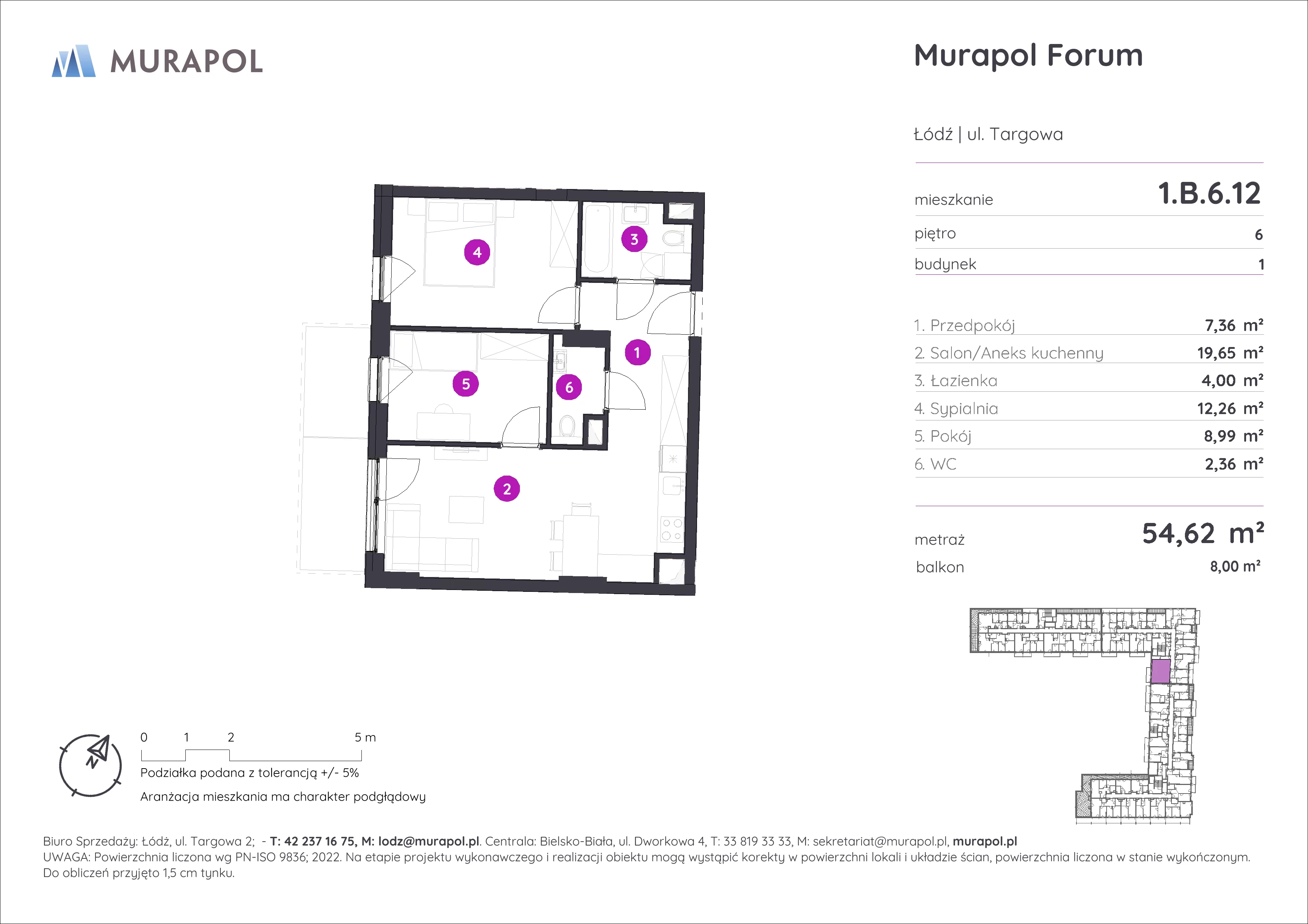 3 pokoje, mieszkanie 54,62 m², piętro 6, oferta nr 1.B.6.12, Murapol Forum, Łódź, Śródmieście, ul. Targowa