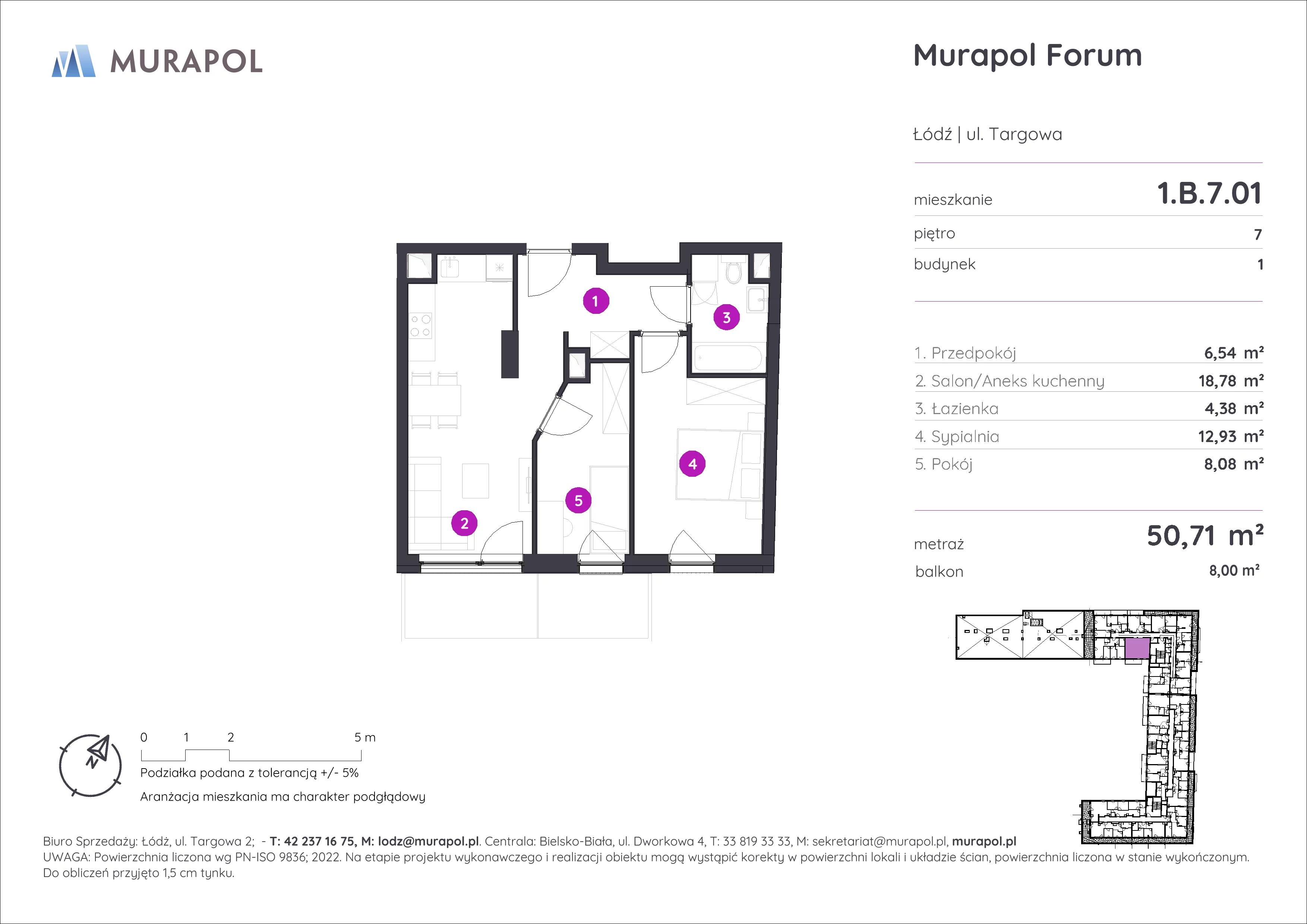3 pokoje, mieszkanie 50,71 m², piętro 7, oferta nr 1.B.7.01, Murapol Forum, Łódź, Śródmieście, ul. Targowa
