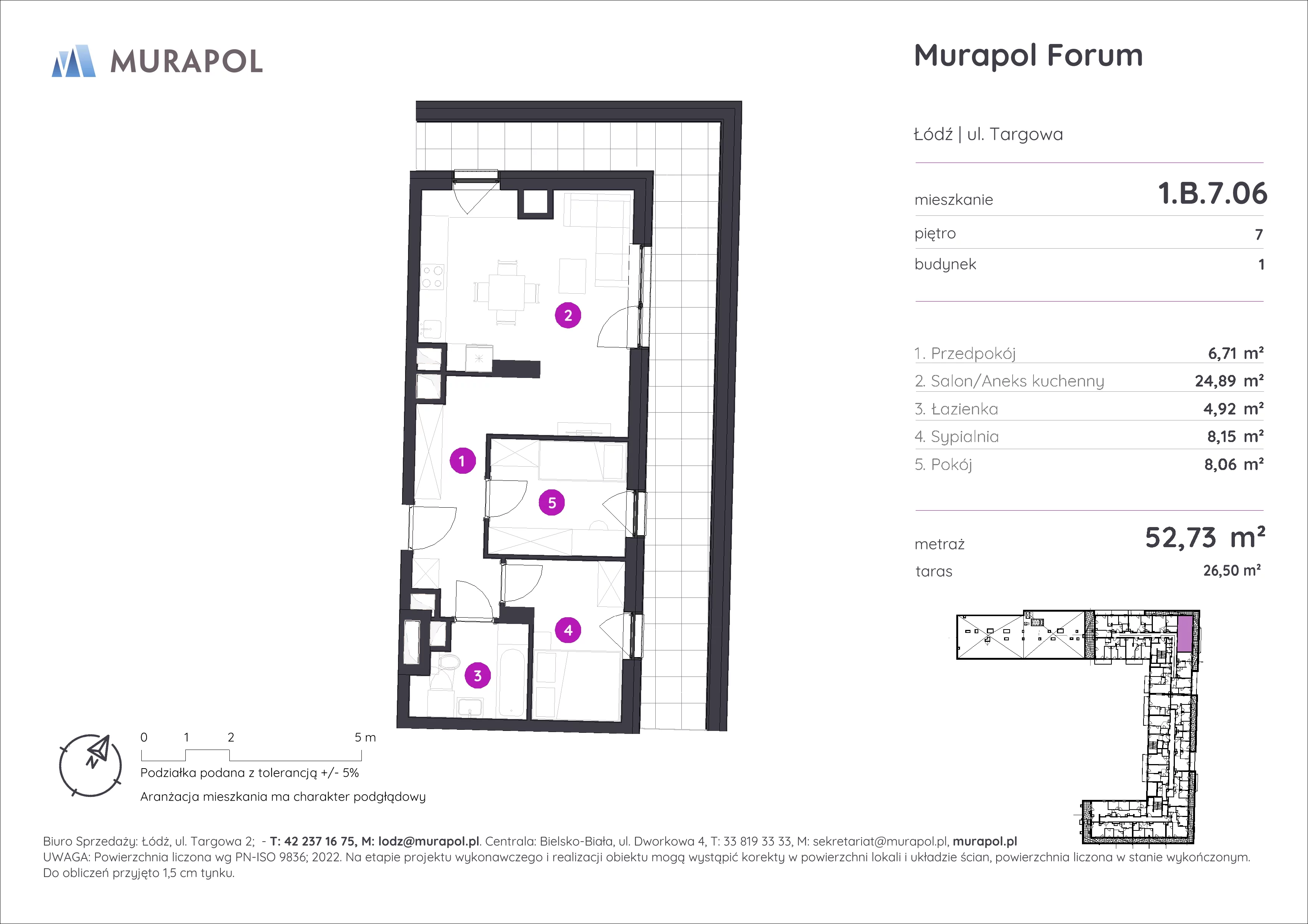 3 pokoje, mieszkanie 52,73 m², piętro 7, oferta nr 1.B.7.06, Murapol Forum, Łódź, Śródmieście, ul. Targowa