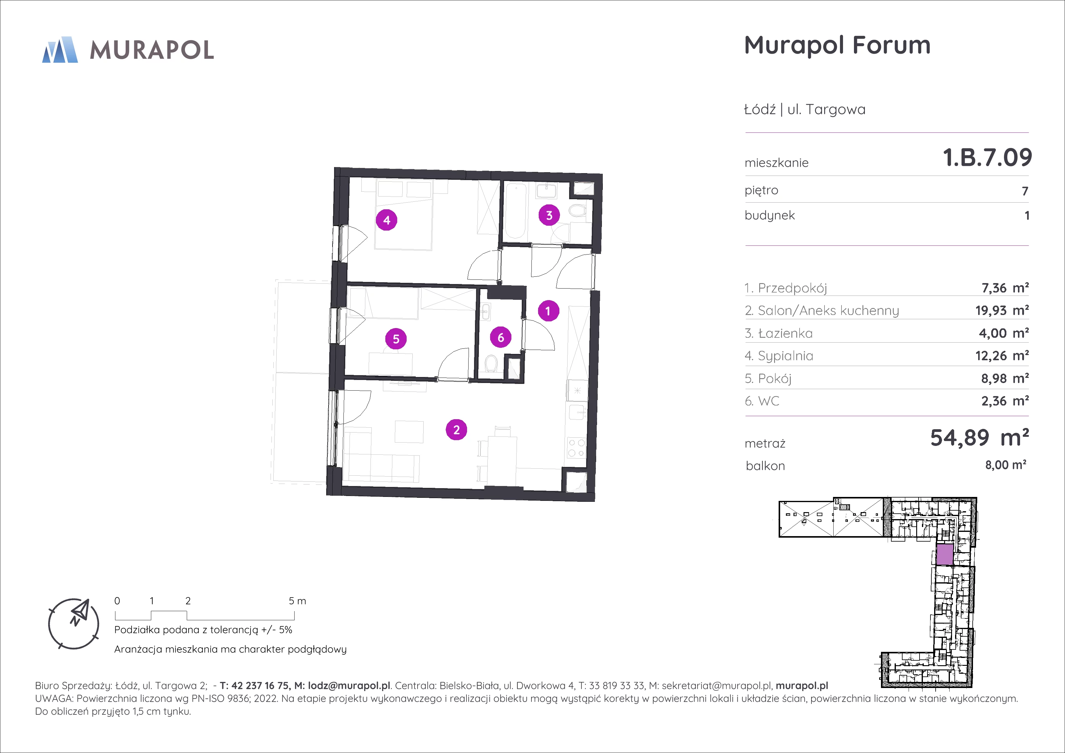 3 pokoje, mieszkanie 54,89 m², piętro 7, oferta nr 1.B.7.09, Murapol Forum, Łódź, Śródmieście, ul. Targowa