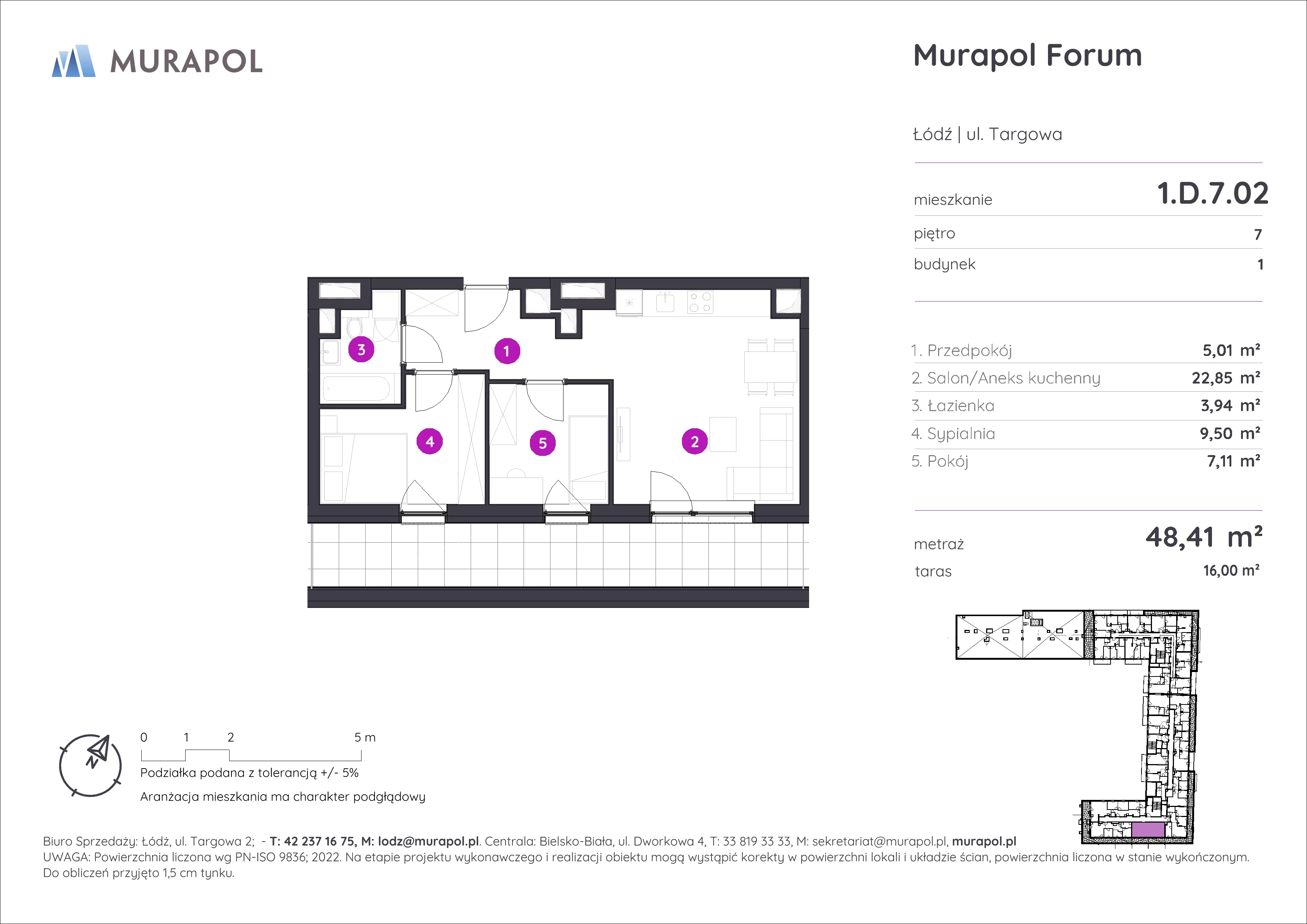 3 pokoje, mieszkanie 48,41 m², piętro 7, oferta nr 1.D.7.02, Murapol Forum, Łódź, Śródmieście, ul. Targowa