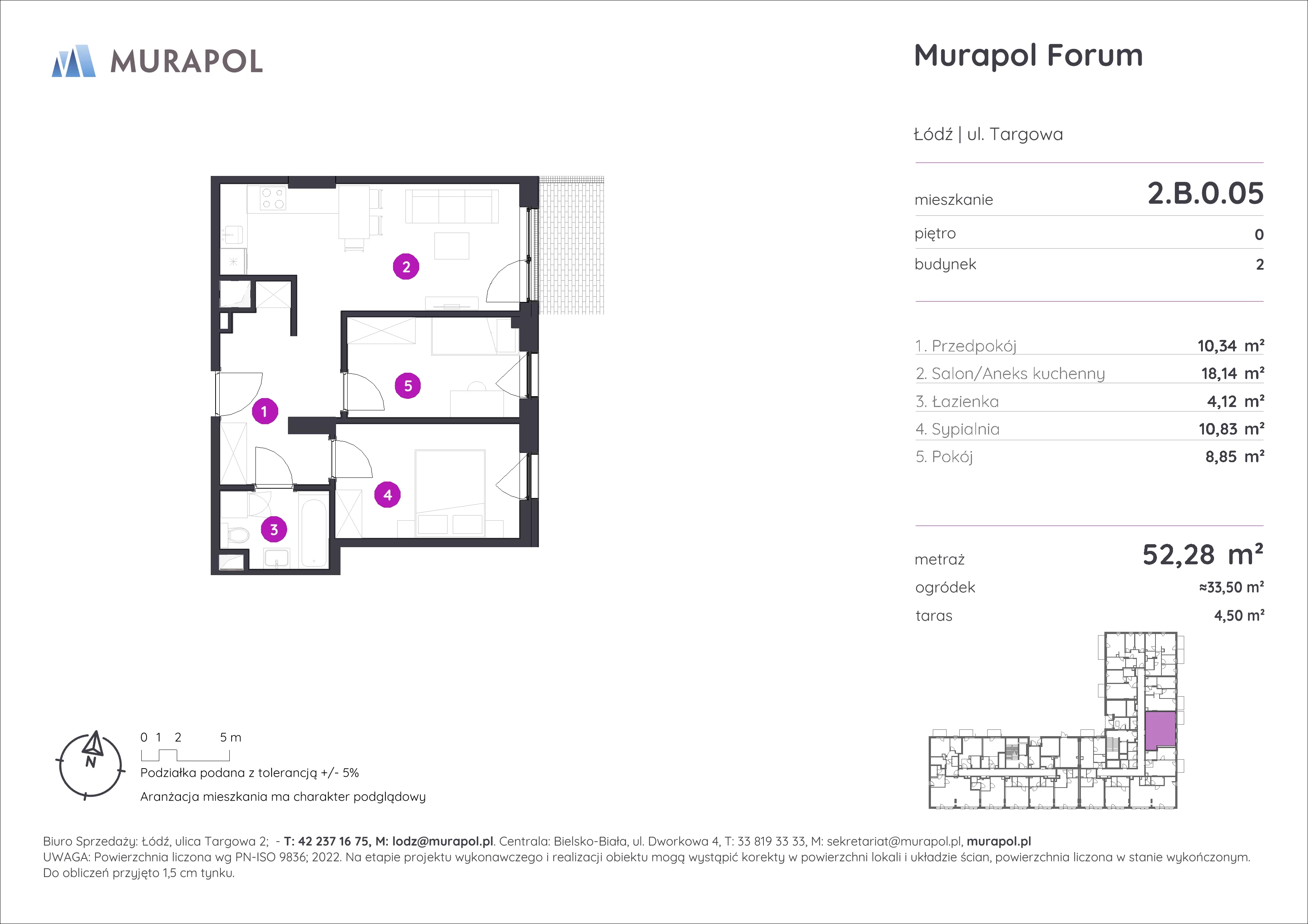3 pokoje, mieszkanie 52,28 m², parter, oferta nr 2.B.0.05, Murapol Forum, Łódź, Śródmieście, ul. Targowa