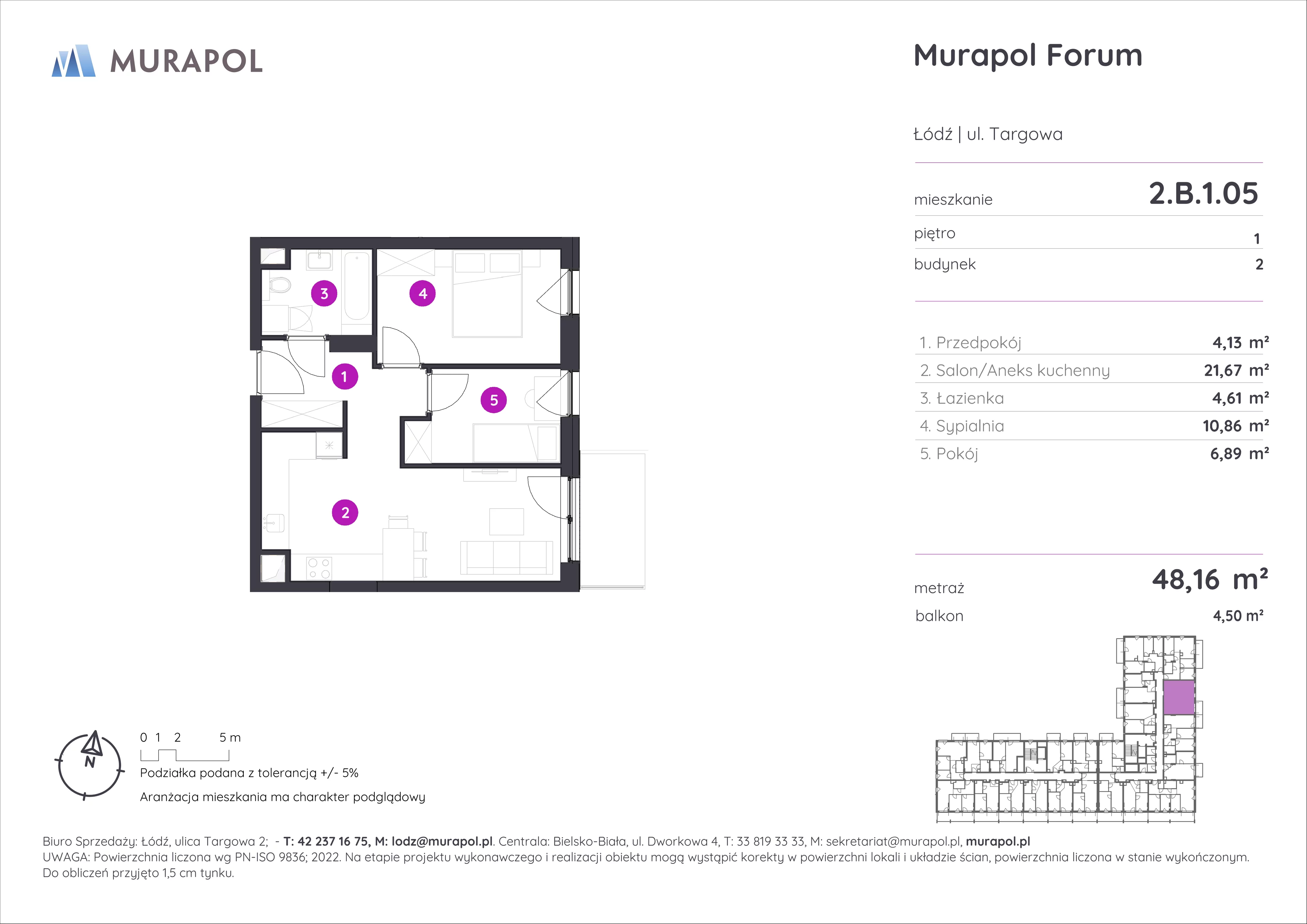 3 pokoje, mieszkanie 48,16 m², piętro 1, oferta nr 2.B.1.05, Murapol Forum, Łódź, Śródmieście, ul. Targowa