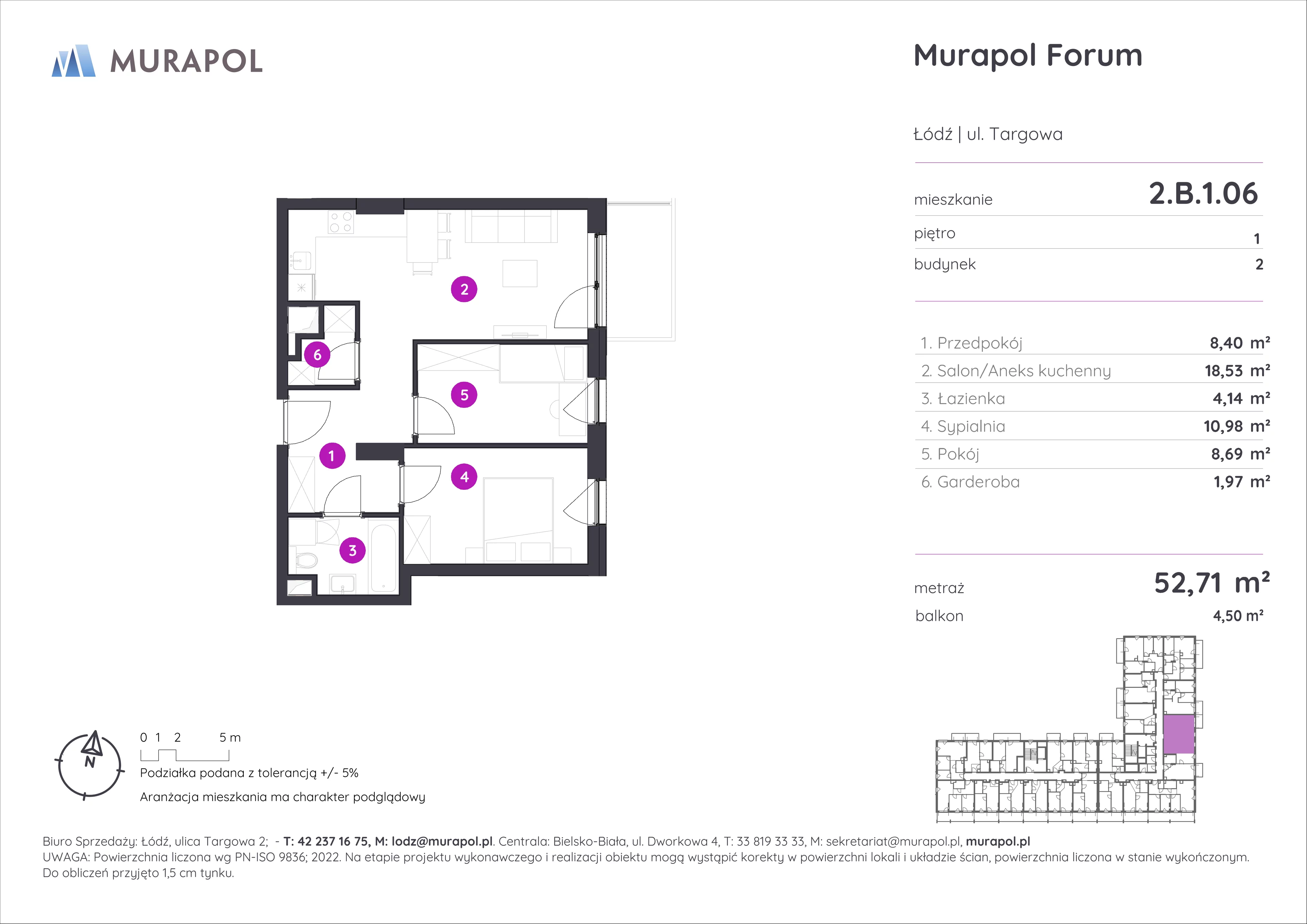 3 pokoje, mieszkanie 52,71 m², piętro 1, oferta nr 2.B.1.06, Murapol Forum, Łódź, Śródmieście, ul. Targowa
